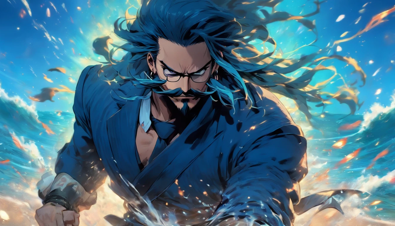 Create an image of a male Naval soldier with a thick mustache like Johnny Depp, he has long blue hair tied up, wearing a battleworn dark blue suit and round sunglasses. He is fighting off ninja terrorists on the beach. The mood is intense and the lighting is bright