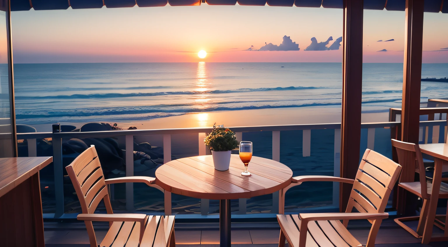 Seaside café terrace。Sit on a chair and watch the beautiful ocean sunset。