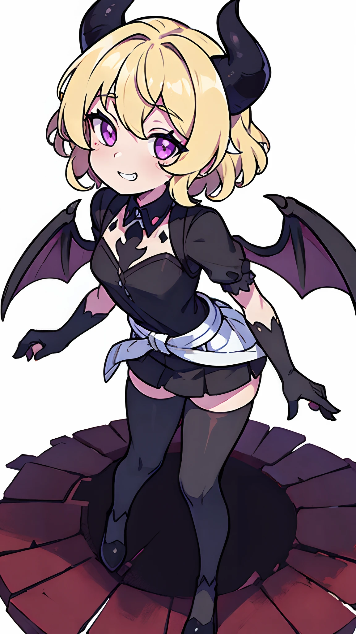 (((white_background))),simple_background,best quality ,highly detailed, masterpiece, ultra-detailed,finely detail,best shadow,illustration, (((full body shot))), (((full body portrait))),extra space at the bottom of the image, an extremely delicate and beautiful girl,(solo),blonde hair, curly_hair, short hair, light purple eyes, white wet miniskirt, black demon horns, grin, cute face, ((black demon wings around waist on both sides)), stand_stance, black nail paint