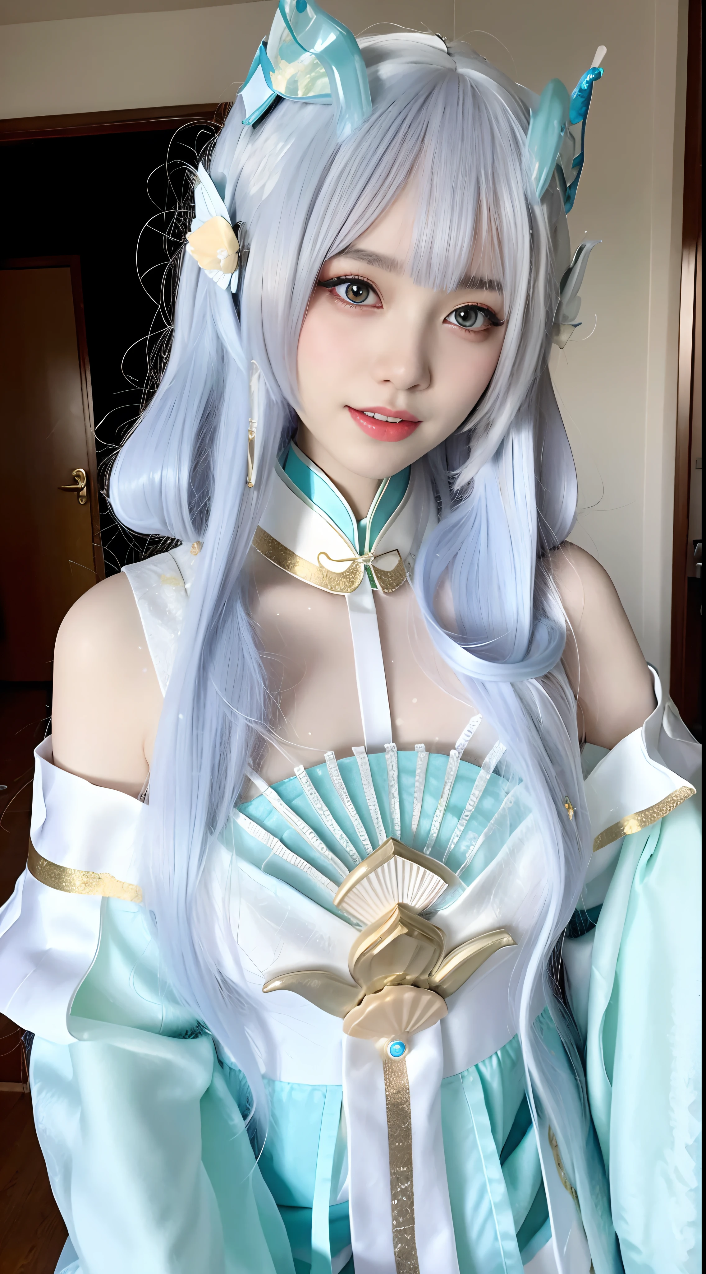 blue  hair，period costume，Royal Sister，Ancient wind，fully body photo，very vey very detailed face，exteriors，rays of sunshine，baiyun，snow mountains