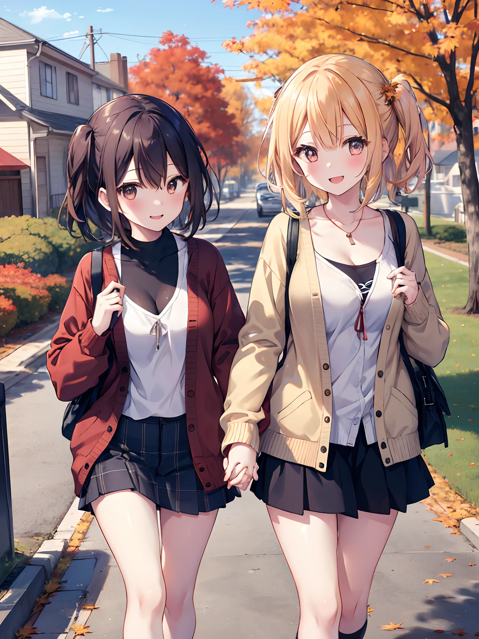 2girls, walking each other, autumn, maple tree, joyful smile, one girl running from behind, cleavage, holding hands, chic clothes, cardigan, peace