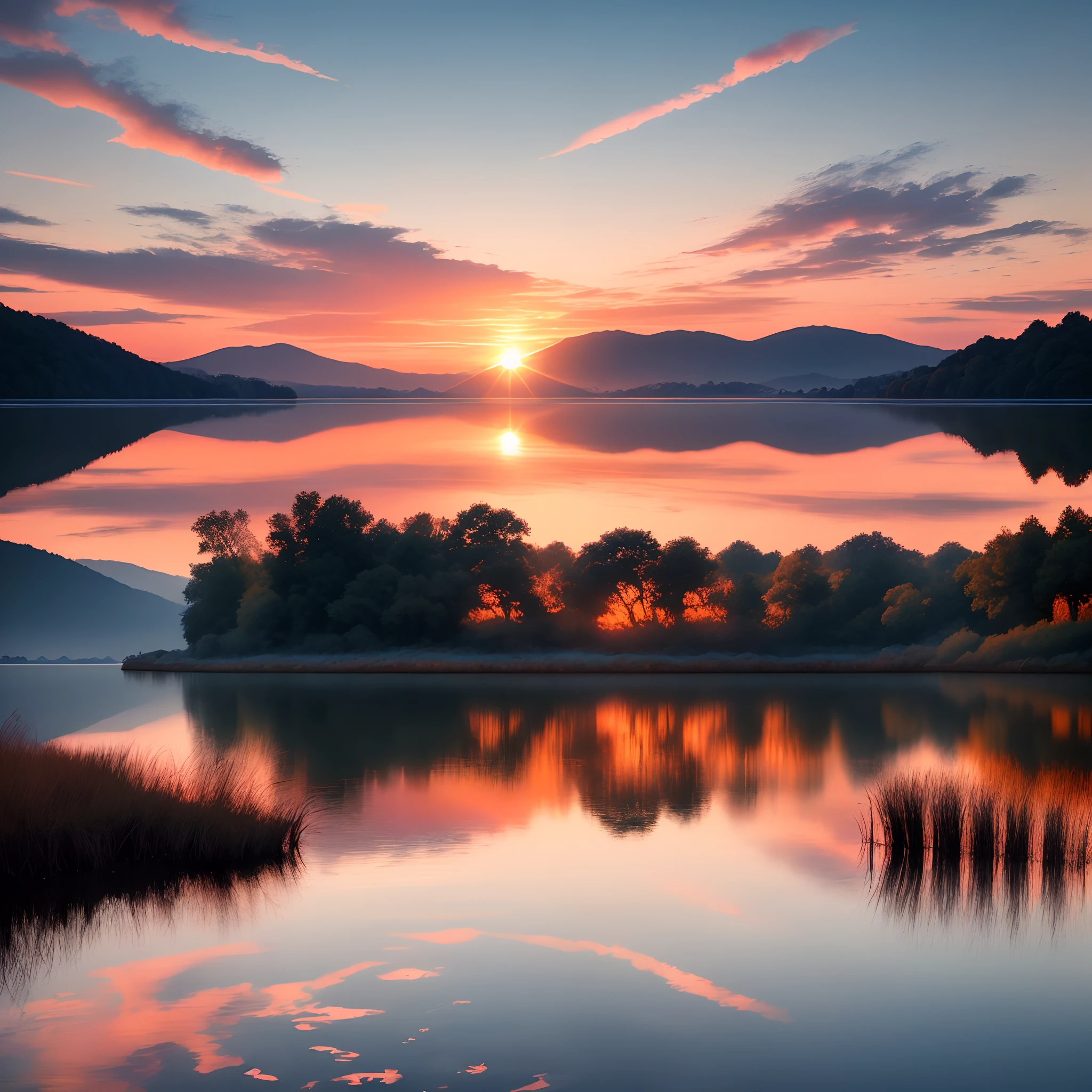 An image of a serene sunrise over a calm lake, with vibrant hues of orange and pink reflecting on the water