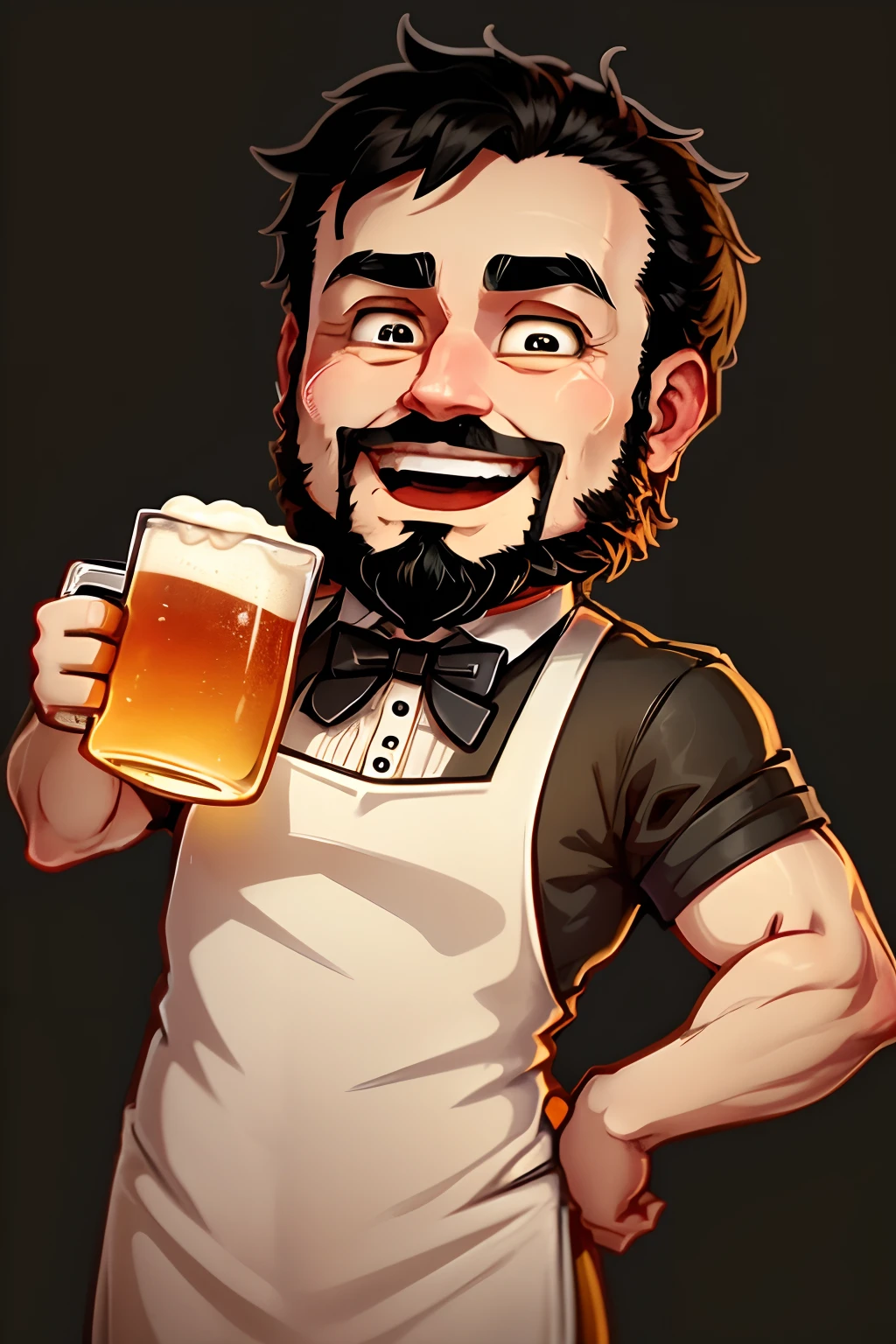 a stickers   man  who is a bartender. black short hair and beard . He has a friendly face and wears a bartender's uniform, complete with apron and bow tie. In one hand, he holds a mug of frothy beer, represented with vibrant colors as laughing out loud, big eyes and a welcoming appearance. chibbi anime style. White background