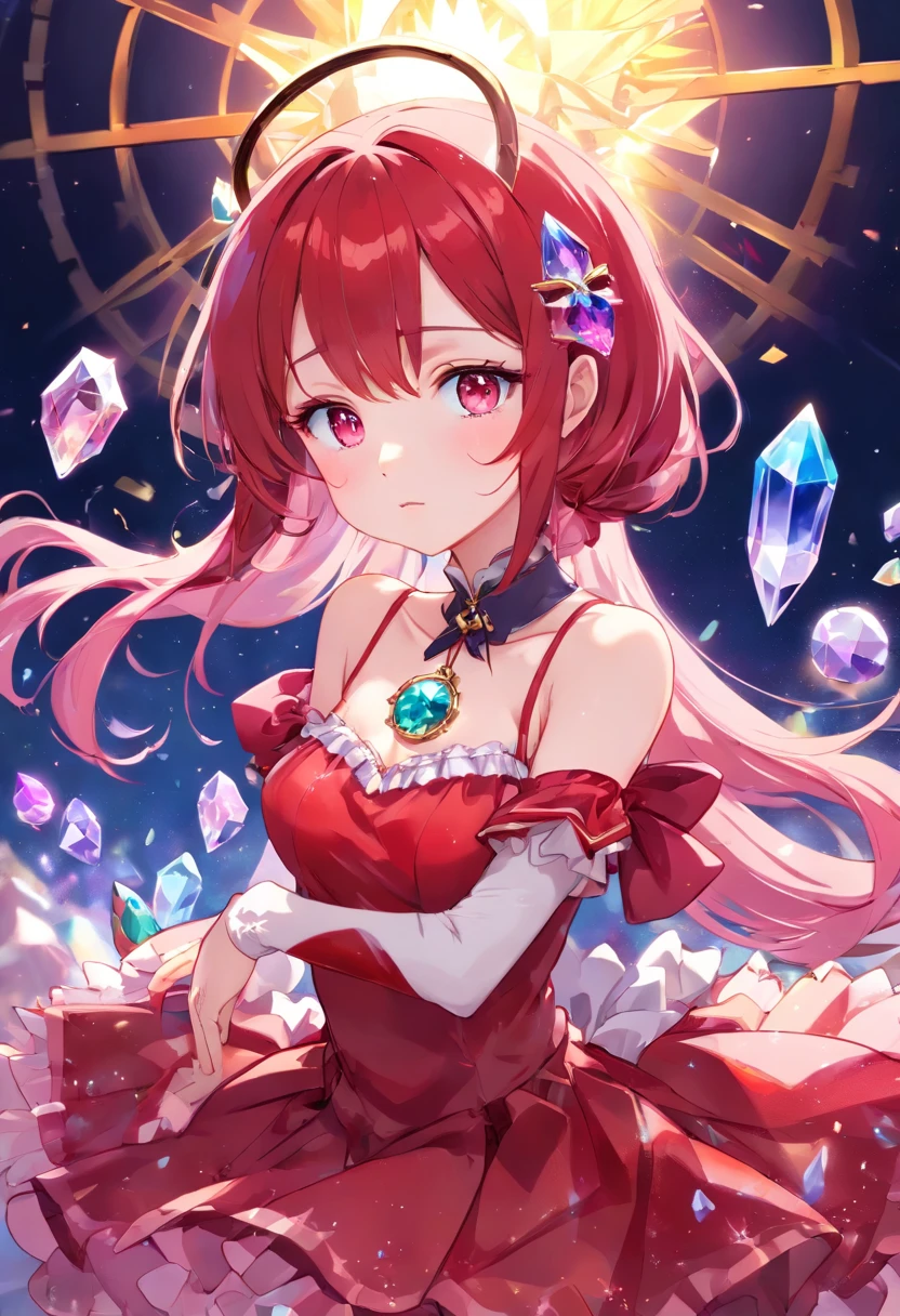 (((crystals texture Hair)))，{{{{{Extremely detailed CG}}}}},{{8K_the wallpaper}},{{{{Crystalline purple gemstone gloves}}}},((Beautiful detailed glass hair)),((Glass shaped texture hand)),((crystallize texture body)),gem body,Hands as clear as jewels,crystallization of clothes,((crystals texture skin)),Sparkle, Lens flare, light  leaks, Broken glass，{{{{detailed glass shaped clothes}}}}， ((Masterpiece)), (((Best quality))), ((Ultra-detailed)), ((illustration)), ((Disheveled hair)), ((frilld)), (1 girl), (Solo), Dynamic Angle, big top sleeves, Floating, beautiful detailed gemstone sky, gemstone sea, Beautiful detailed eyes, Overexposure, side blunt bangs, hairs between eyes, Ribbons, neck bowtie, macaron, Bare shoulders, (((Small breast))), Pleated skirt, crystals texture flowers， ((detailed crystallized clothing)),(gemstone of body)，solofocus,{{{{{{{{Iridescence and rainbow hair:2.5}}}}}}},{{{{{{detailed cute anime face}}}}}},{{Loli}},{{{{{aquarelle_(mediating)}}}},(((Masterpiece))),(((clock))),(((Red))),(((Blood))),finedetail,Depth of field,Blood drop,Blood fog