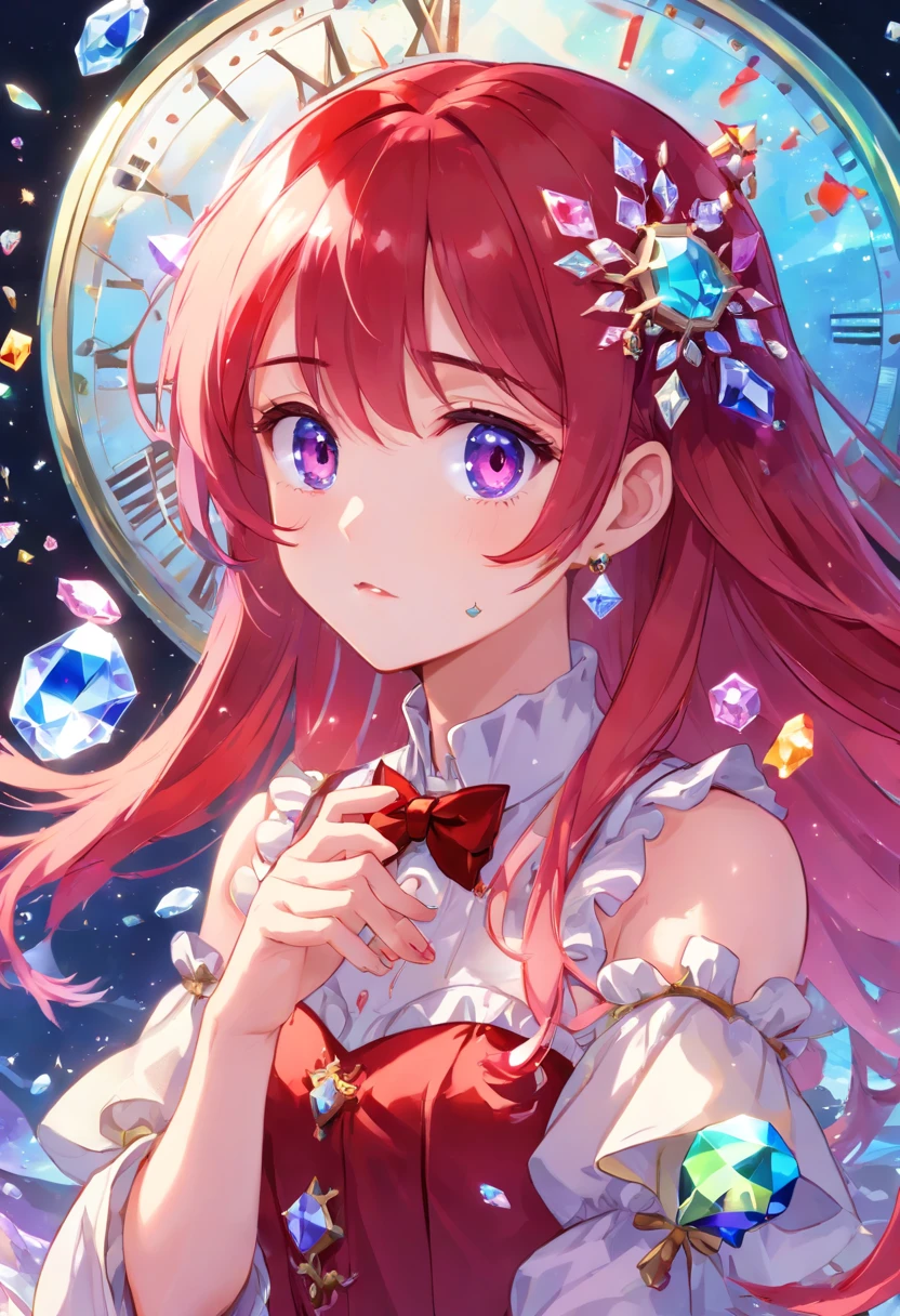 (((crystals texture Hair))),{{{{{Extremely detailed CG}}}}},{{8K_the wallpaper}},{{{{Crystalline purple gemstone gloves}}}},((Beautiful detailed glass hair)),((Glass shaped texture hand)),((crystallize texture body)),gem body,Hands as clear as jewels,crystallization of clothes,((crystals texture skin)),Sparkle, Lens flare, light leaks, Broken glass,{{{{detailed glass shaped clothes}}}}, ((Masterpiece)), (((Best quality))), ((Ultra-detailed)), ((illustration)), ((Disheveled hair)), ((frilld)), (1 girl), (Solo), Dynamic Angle, big top sleeves, Floating, beautiful detailed gemstone sky, gemstone sea, Beautiful detailed eyes, Overexposure, side blunt bangs, hairs between eyes, Ribbons, neck bowtie, macaron, Bare shoulders, (((Small breast))), Pleated skirt, crystals texture flowers, ((detailed crystallized clothing)),(gemstone of body),solofocus,{{{{{{{{Iridescence and rainbow hair:2.5}}}}}}},{{{{{{detailed cute anime face}}}}}},{{Loli}},{{{{{aquarelle_(mediating)}}}},(((Masterpiece))),(((clock))),(((Red))),(((Blood))),finedetail,Depth of field,Blood drop,Blood fog