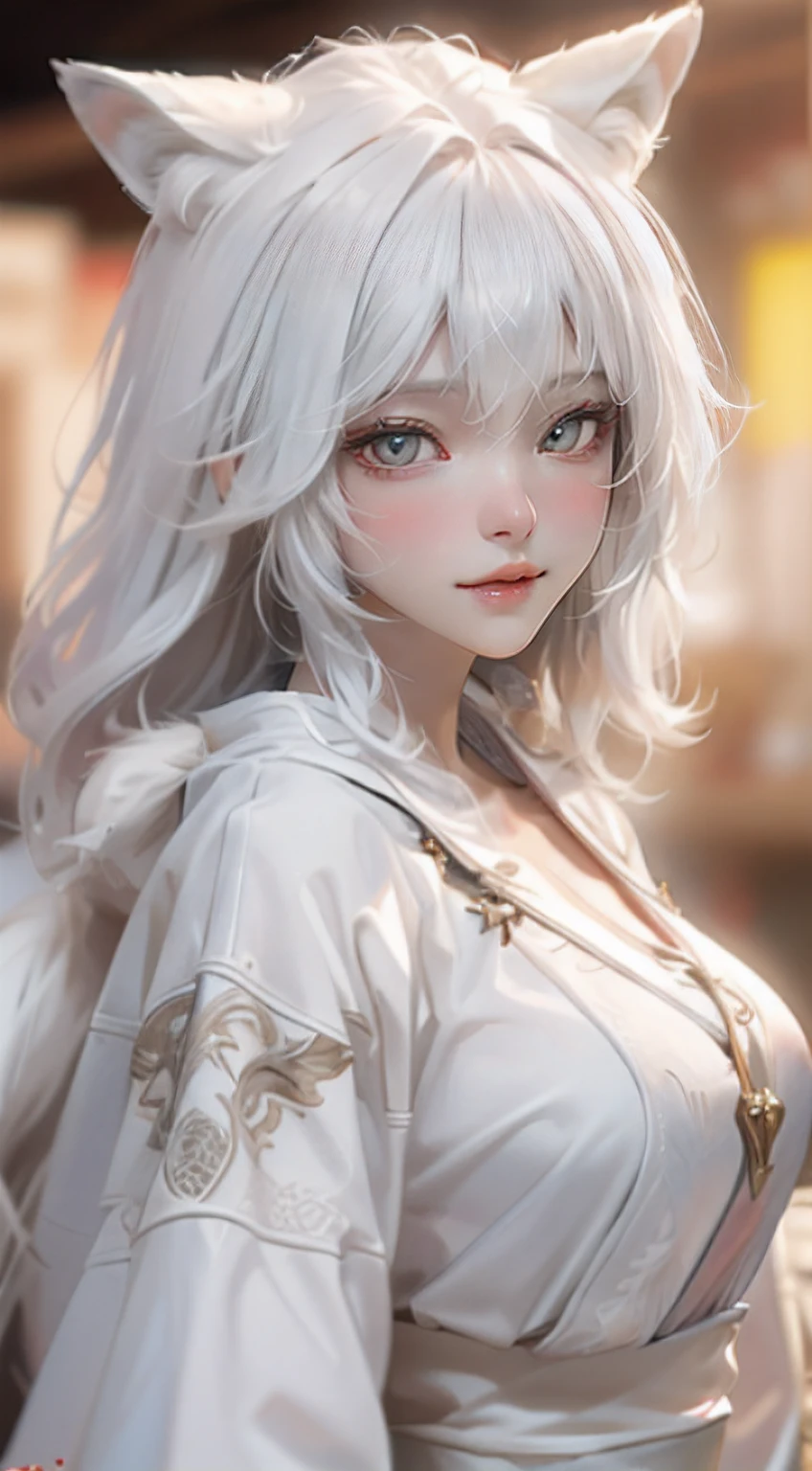 Masterpiece,HDR,fantasy, NVIDIA RTX, Unreal engine 5,upper body, portrait, ulzzang ((Portrait: Woman, Hairstyle: Wolf Cut:1.2 - Short front layers, Long and wild-textured back,white hair)),cute face, realistic,dim lighting,wolf grin,big eyed,wide eyed,fangs:1.4,gaping,red eyes1:2,(white wolf-fur clothing:1.4),large breast:1.2, symetric, look at viewer,front angle