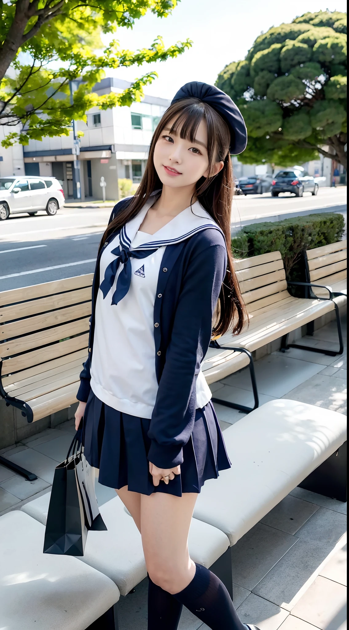 mix4, (16 K, Raw photography, Top image quality, masterpiece: 1.45), (realisitic, Photorealsitic: 1.37), one girls, 7.5, etc、Standing figure,cute little, A city scape,, profetional lighting, photon maping, Cityscape with street trees, physically-based renderingt, Gradient dark brown hair,, a handsome, Well-groomed and beautiful eyes、Large double eyelids、Very shiny、girl with, (((student clothes、Long sleeve sailor suit worn by Japan girl、red cuffs、Dark blue mini skirt, Small gray beret、Dark blue knee-high socks、Black loafers))), Top Quality Photos, hight resolution, 1080p, (clearface), (Detailed face description), (Detailed hand description), (masterpiece), (Exquisite CG)、extreme light and shadows、dishevled hair、master work、abundant detail、(Fine facial features)、(top quality photo)、(masuter piece)、(A detailed eye)、Look in front of you、Fine clavicle、((Slender big))、(((Japan schooln long-sleeved sailor suit)))、((Sexy Idol System))、((Boulevard with street trees、Bus stop、timetable、Benches))、(Shooting from random perspectives)、(((Anyway cute)))、耳Nipple Ring、A big smile、Drawing the whole body from the knees、Do not draw nasolabial folds、(((shopping bags)))、(Big breasts that hang down big:0.7)、Big buttocks with tension、Two arms and two legs、(((from the front side:0.5)))、bare hand、