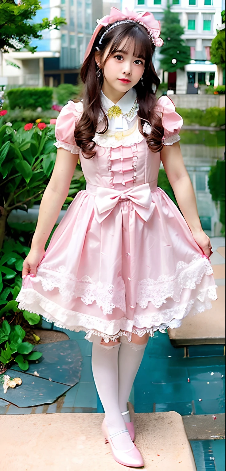Alafe girl in pink dress and white tights poses for photo, Lolita Fashion, Lolita style, angelic pretty, rococo dress, loli in dress, magical dress, fantasy dress, Clean clothes!, Kawaii Style, romantic dress, portrait of the magical Lolita girl, small curvy loli, Cute dress, victorian gothic lolita fashion, Belle Delphine, Beautiful clothes