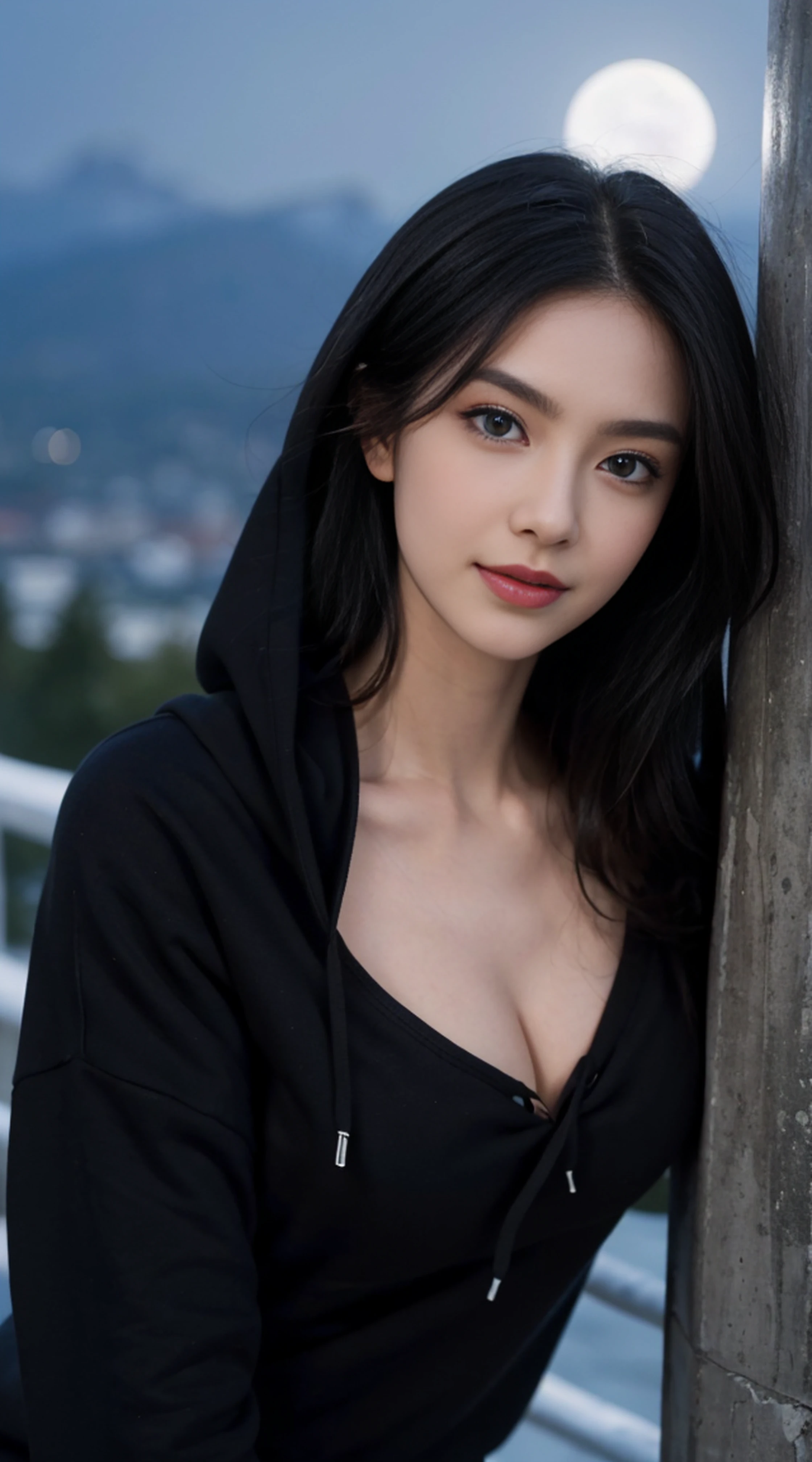 8K, Top Quality, Intricate Details, Ultra Detail, Ultra High Resolution, Masterpiece, random angle,  Slender, Smile, (Makeup: 0.4), (Fluffy Blue Eyes: 1.21), blue Eyes, looking at viewer, ((full body)), 1girl, solo, 1 girl, (( full body)), close up shot, , ((tall)), (((fit body))), (((slim face))), sharp face, sharp eyes, (((black hair, long hair, ))  (detailed face), sharp face, small lips, 
 ((hoodie, naked)),  detailed face, detailed breast, , large breast, detail ass, , Beautiful girl with accentuated slender abs: 1.4, Six Pack Abs: 1.4, Bust Botox, Big, Perfect Body, detail leg, (( moonlight)), top of mountain