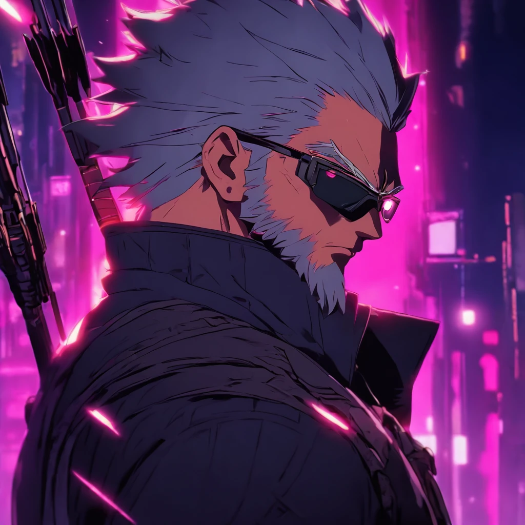 a grey haired male agent with a scar in his right eye, wearing sunglasses, standing alone after killing everyone in his vicinity with a bow and arrow, holding bow and arrow aiming down, pink lighting, close up angle, cyberpunk anime artstyle