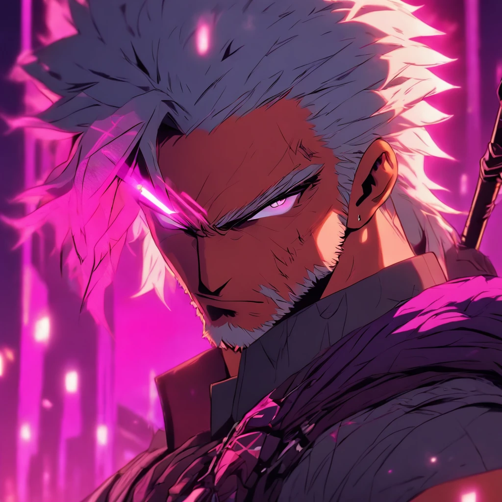 a grey haired male agent with a scar in his right eye, wearing sunglasses, standing alone after killing everyone in his vicinity with a bow and arrow, holding bow and arrow aiming down, pink lighting, close up angle, cyberpunk anime artstyle