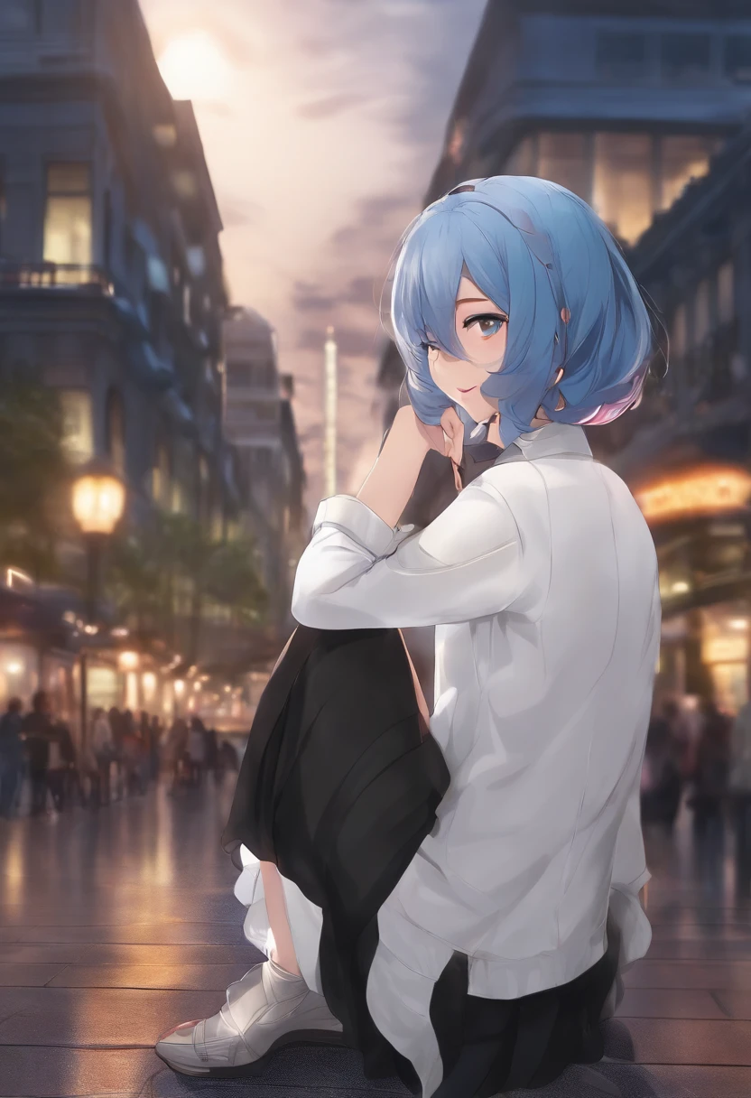 1girl, black_skirt, blue_hair, building, city, cityscape, hair_between_eyes, jacket, looking_at_viewer, medium_hair, multicolored_hair, multiple_boys, night, off_shoulder, outdoors, pleated_skirt, road, shirt, skirt, skyscraper, smile, solo_focus, street, white_shirt