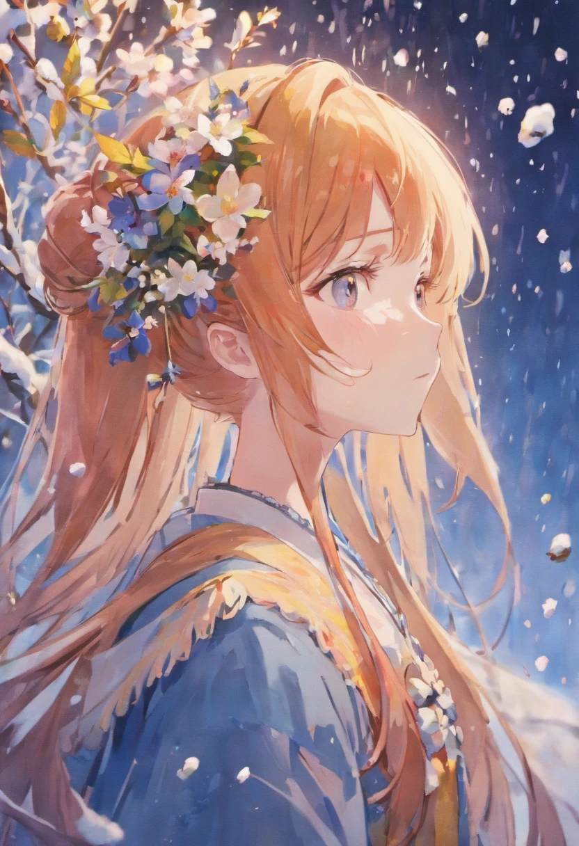 Anime girl with flowers in her hair looking at snow, profile of anime girl, a beautiful anime portrait, Guviz-style artwork, Guviz, Stunning anime face portrait, Beautiful Anime Face, anime girl portrait profile, detailed portrait of an anime girl, Beautiful anime girl, Beautiful anime, beautiful anime artwork, Portrait Anime Girl, anime art wallpaper 4k