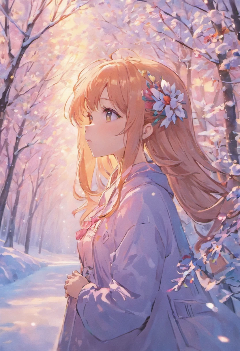 Anime girl with flowers in her hair looking at snow, profile of anime girl, a beautiful anime portrait, Guviz-style artwork, Guviz, Stunning anime face portrait, Beautiful Anime Face, anime girl portrait profile, detailed portrait of an anime girl, Beautiful anime girl, Beautiful anime, beautiful anime artwork, Portrait Anime Girl, anime art wallpaper 4k