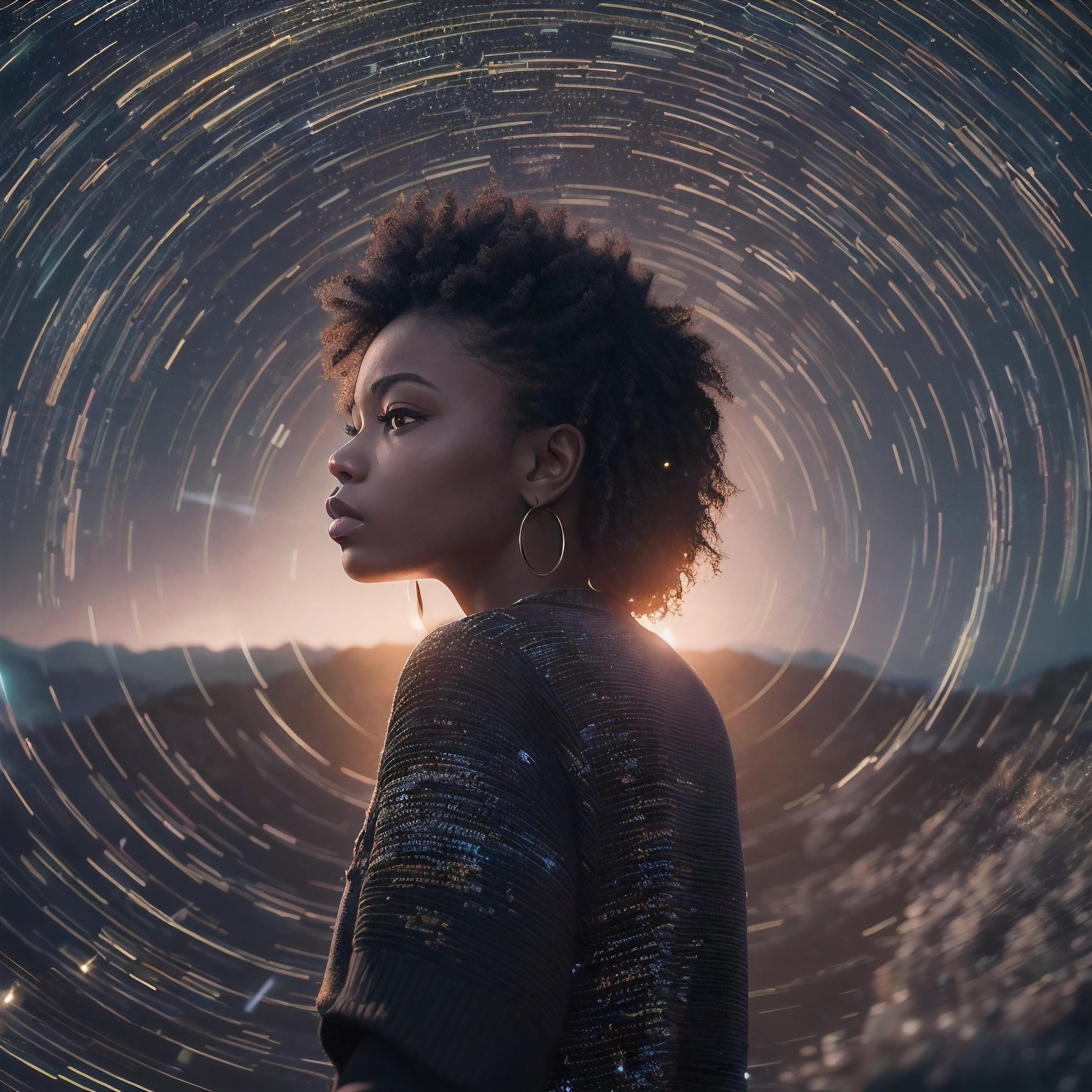 ((Best Quality, 8K, Masterpiece: 1.3)), landscape, morning shoot, star trail, slow speed, standing young african woman with black hair, black jeans, look at the stars, amazing scenery, hundreds of stars forming a circle, light waves, futures city, magic in hands.