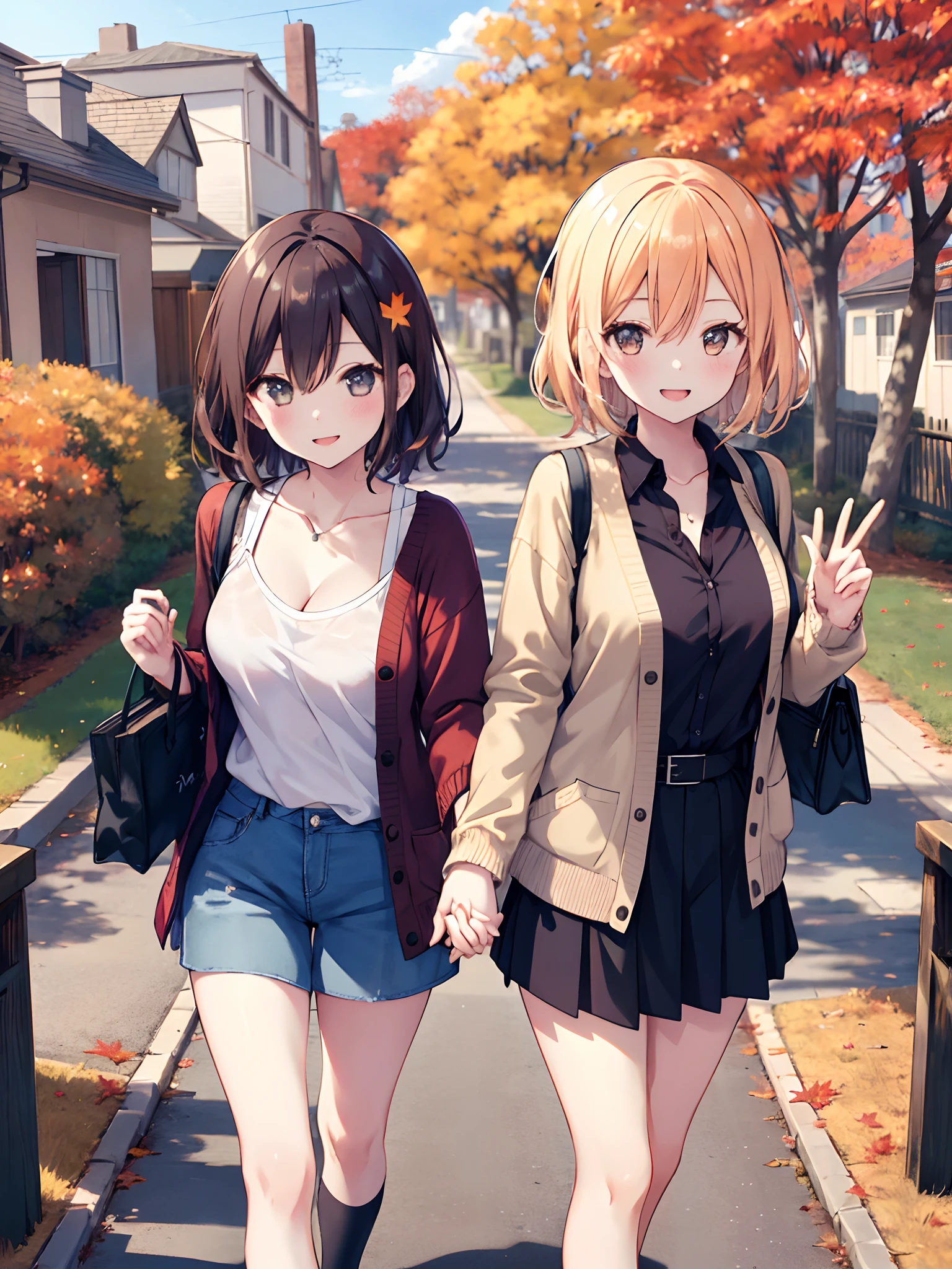 2girls, walking each other, autumn, maple tree, joyful smile, cleavage, holding hands, chic clothes, cardigan, peace