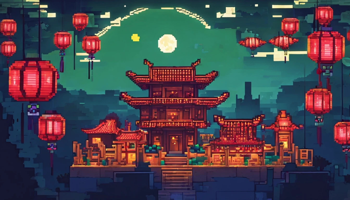 the night,Full moon in the sky,Ancient Chinese architecture,Lanterns are hung all over