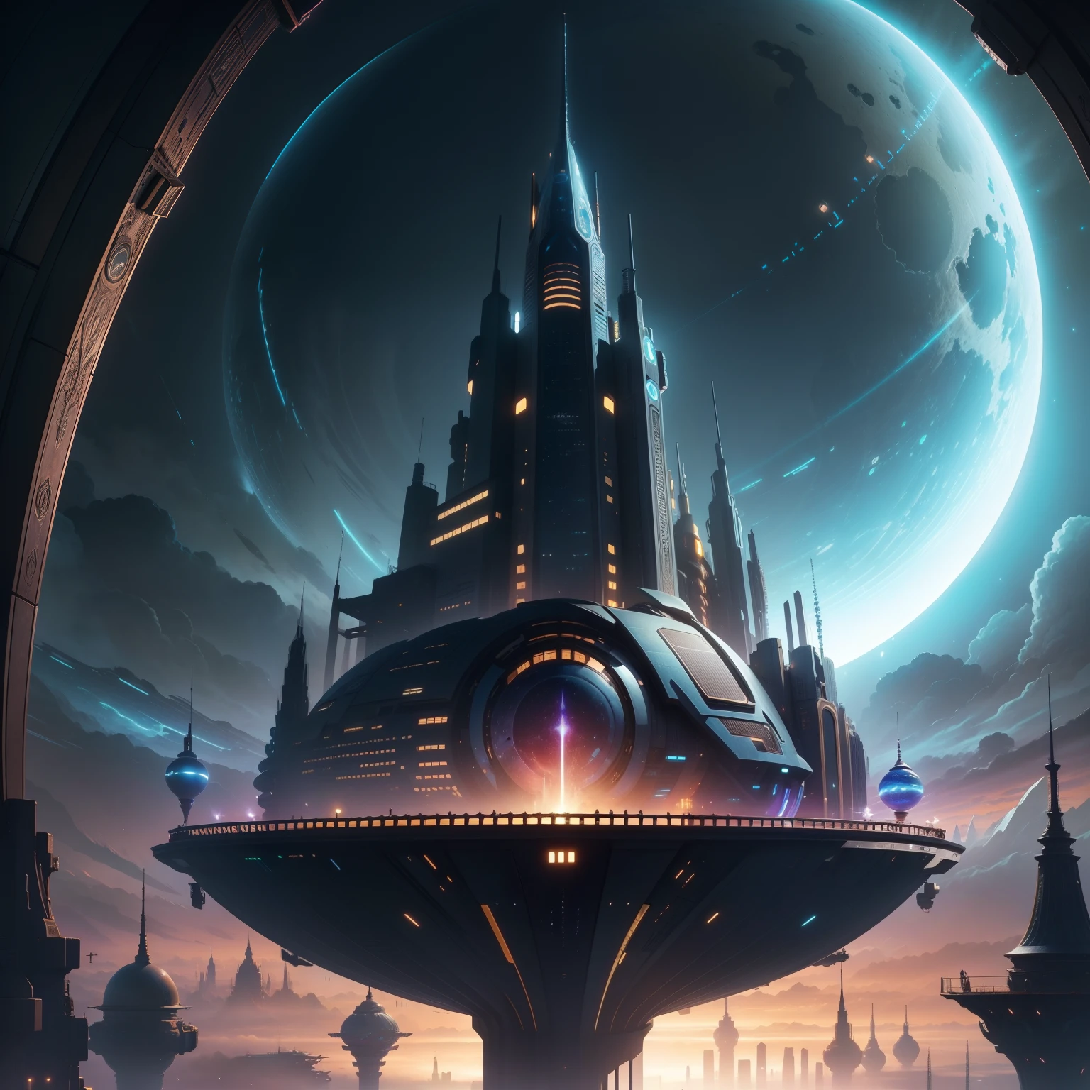 cyberpunked、epcot、Floating City in the Sky、top-quality、ＳＦart by、Fantasy world、​masterpiece、planet earth、Vast and vast々A Beautiful World、great outdoors、