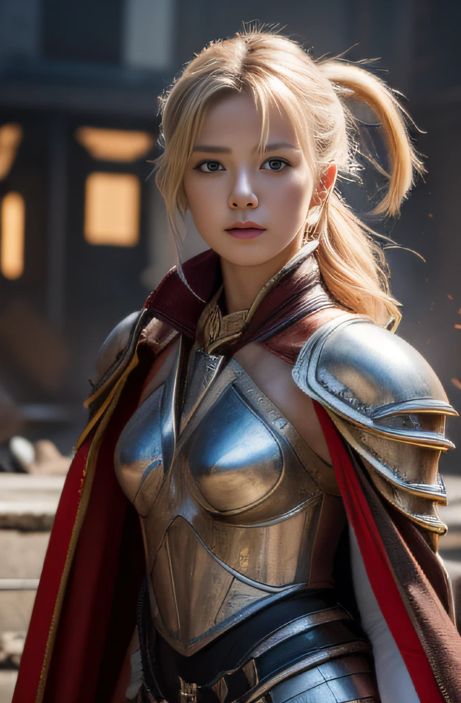 (masterpiece:1.2), ultra detailed, ultra high res, (realistic, photo realistic:1.37), high detail RAW color photo, professional photograph, an extremely delicate and beautiful, extremely detailed, Amazing, finely detail, extremely detailed beautiful girl, extremely detailed face, extremely detailed eyes, extremely detailed skin, extremely detailed fingers, extremely detailed nose, extremely detailed mouth, perfect anatomy, Highly detailed background, (a famous actress of Japan:1.2), a blond, Ponytail , (gals:1.3), Dynamic lighting, (Destroy the city:1.5), Leather jacket with less cloth, (Gladiator Armor), (Dynamic Pose:1.3), Full body, (cape),