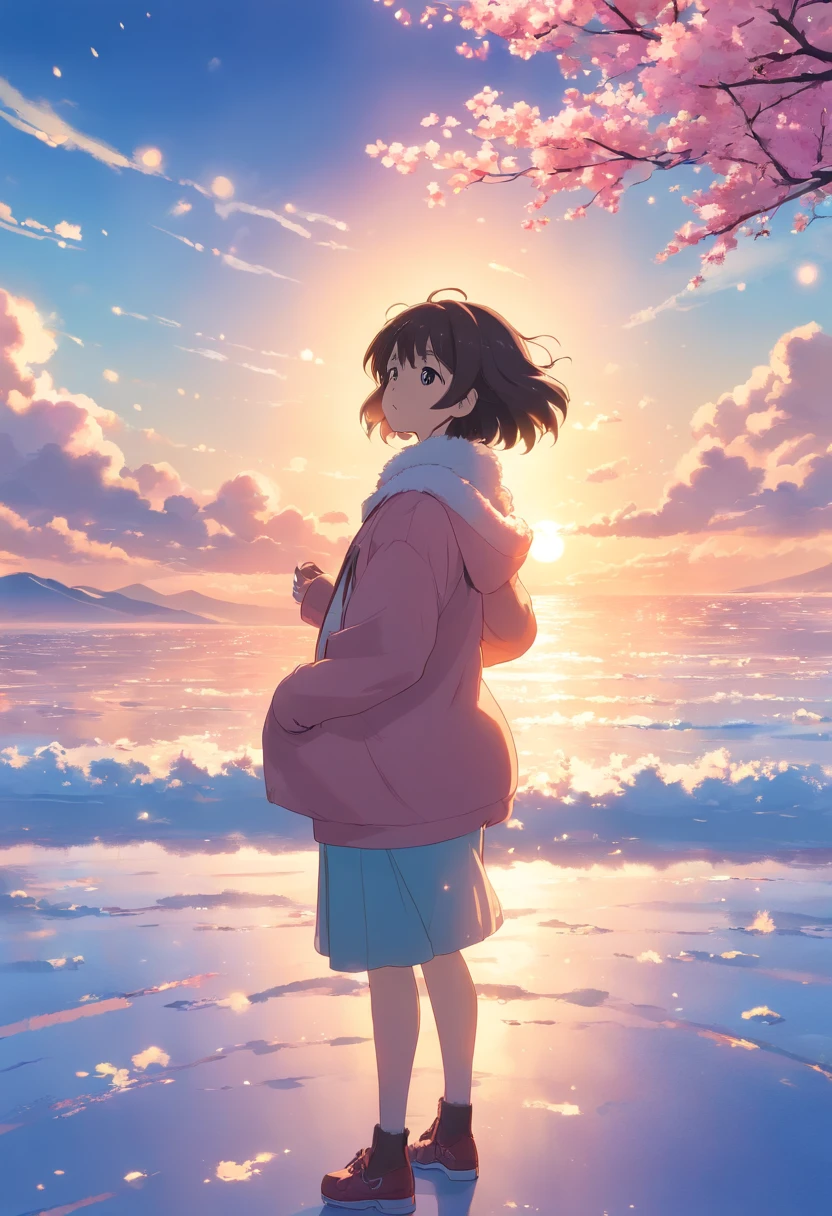 masterpiece、top-quality、Movie stills、Bichon Frise、floating in sky、a closeup、发光、happiness、Warm soft lighting、the setting sun、(Spark:0.7)、Sakura blizzard