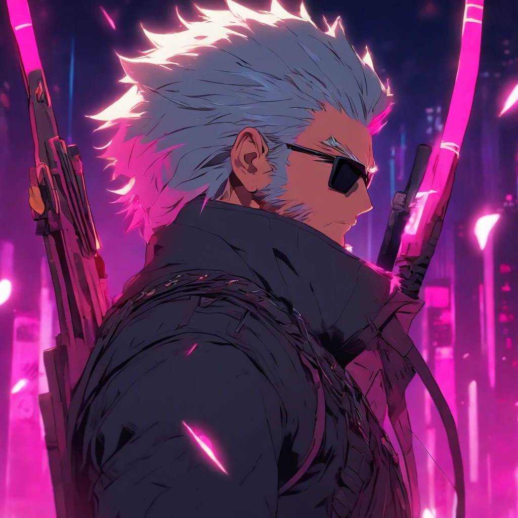 a grey haired male agent with a scar in his left eye, wearing sunglasses, standing alone after killing everyone in his vicinity with a bow and arrow, holding bow and arrow aiming down, pink lighting, close up angle, cyberpunk anime artstyle