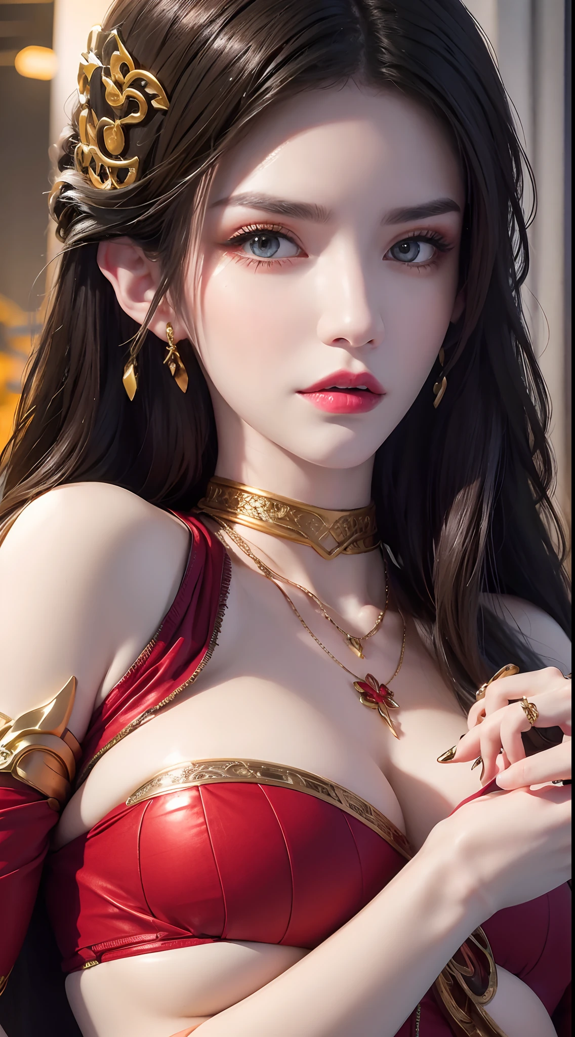 high resolution, 1 woman, hips up, Beautiful eyes, Long hair, ringed eyes, jewelry, tattoo, street wear