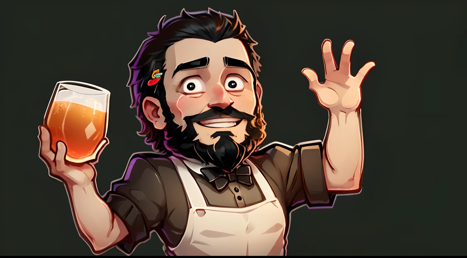 a stickers man who is a bartender. black short hair and beard . He has a friendly face and wears a bartender's uniform, complete with apron and bow tie. waving, represented with vibrant colors smile, big eyes and a welcoming appearance. chibbi anime style. White background