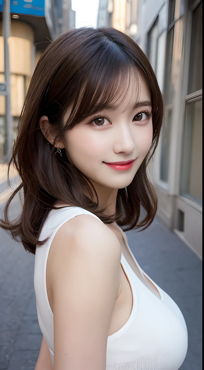 masutepiece, Best Quality, Illustration, Ultra-detailed, finely detail, hight resolution, 8K Wallpaper, Perfect dynamic composition, Beautiful detailed eyes, doress,Medium Hair, ,large full breasts, Natural Color Lip, Random and sexy poses,Smile,TOKYOcty、20 years girl,Cute,full bodyesbian、