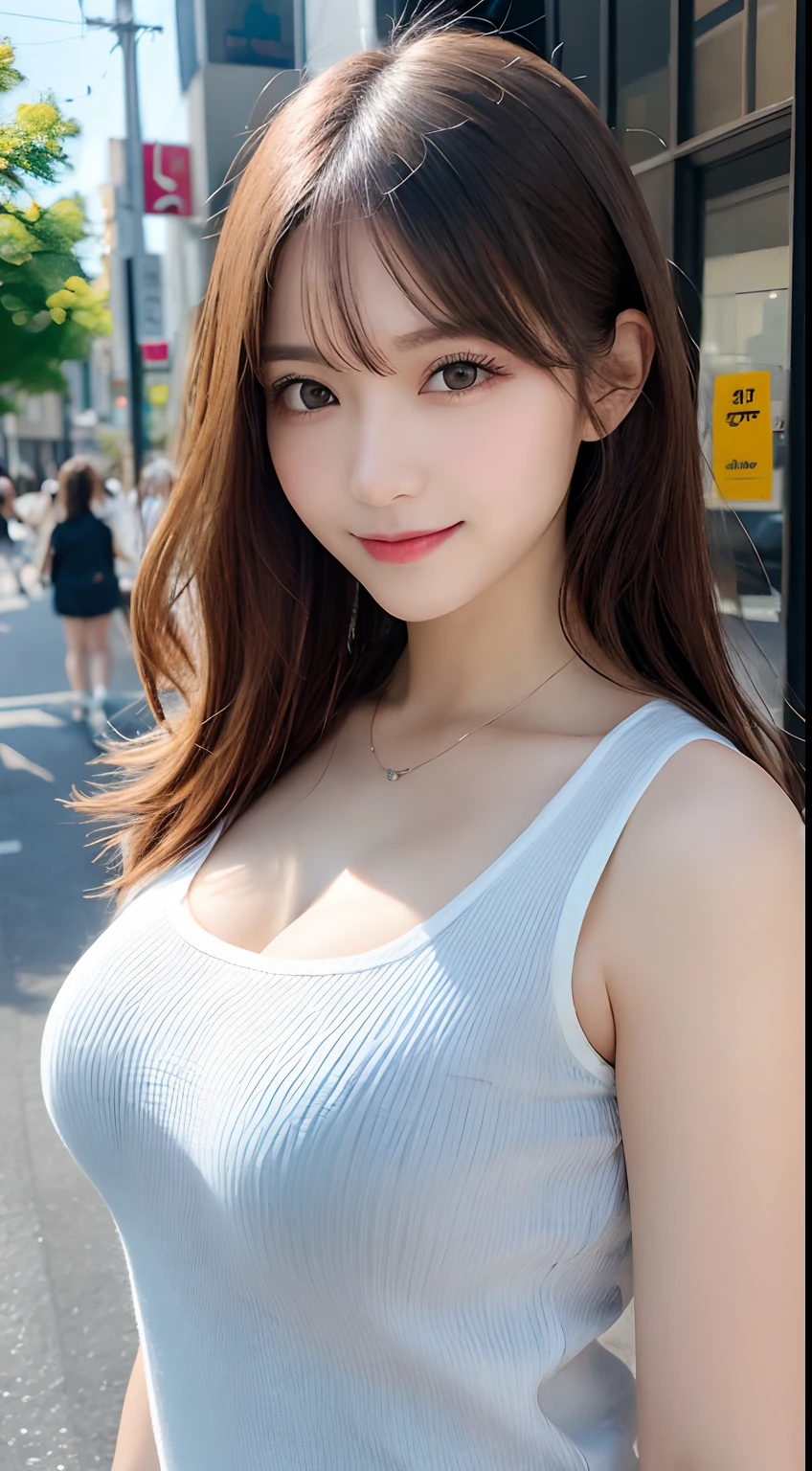 masutepiece, Best Quality, Illustration, Ultra-detailed, finely detail, hight resolution, 8K Wallpaper, Perfect dynamic composition, Beautiful detailed eyes, doress,Medium Hair, Big breasts, Natural Color Lip, Random and sexy poses,Smile,Aoyama Street Walk、A 24-year-old girl