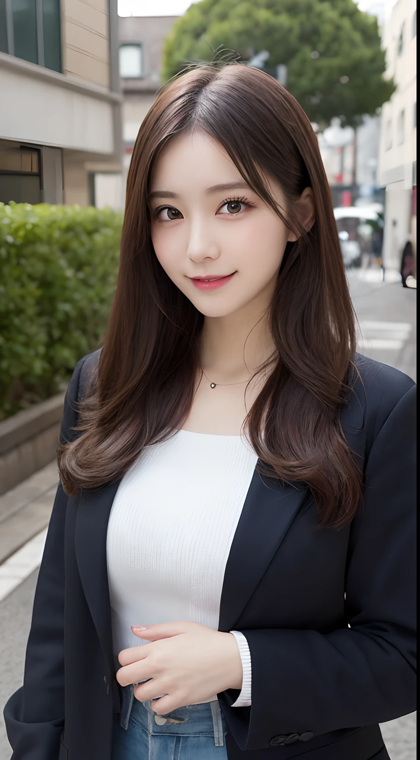 masutepiece, Best Quality, Illustration, Ultra-detailed, finely detail, hight resolution, 8K Wallpaper, Perfect dynamic composition, Beautiful detailed eyes, doress,Medium Hair, Big breasts, Natural Color Lip, Random and sexy poses,Smile,Aoyama Street Walk、A 24-year-old girl