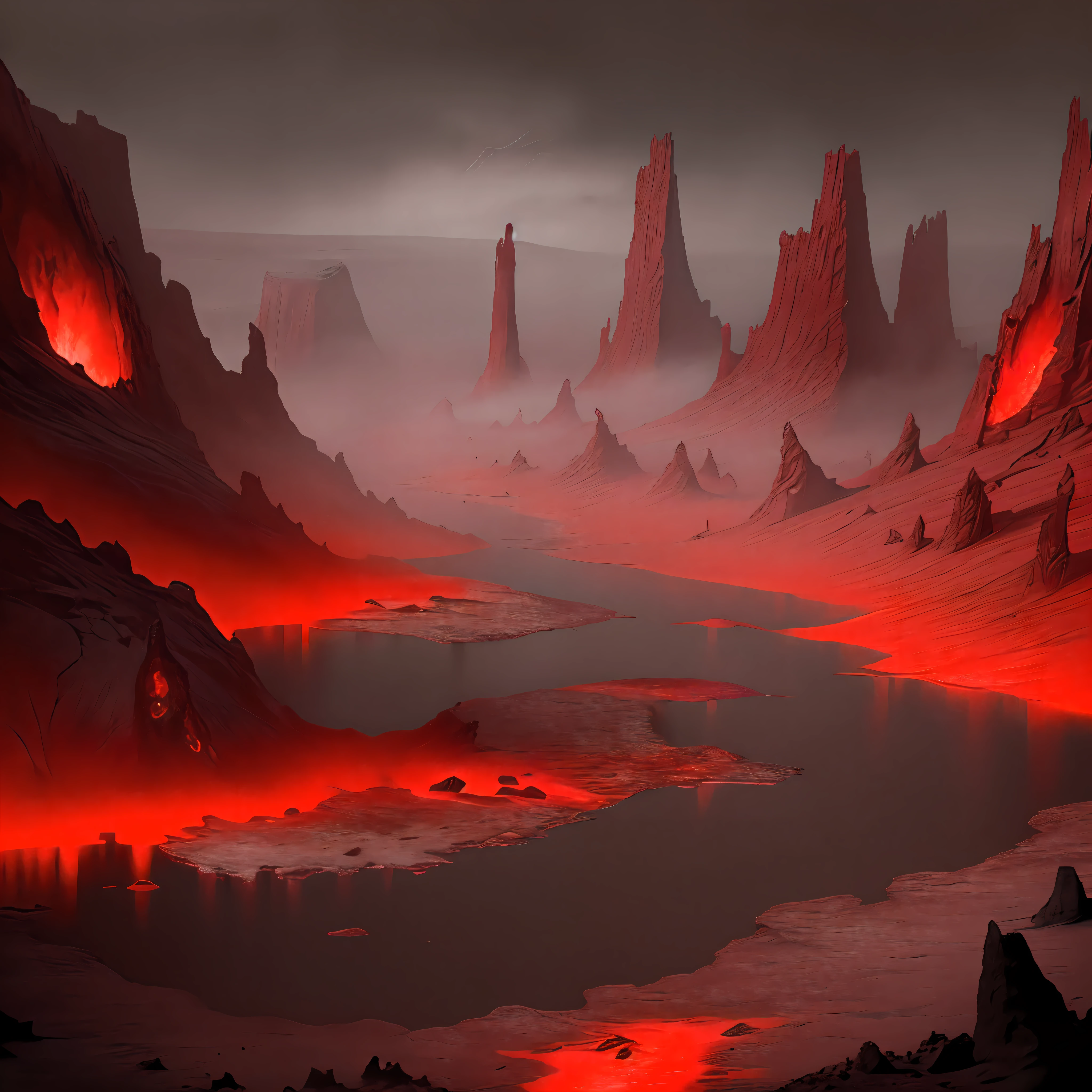 Blood red, dark gloomy barren landscape, skeletons, lava rivers, fissures, earth cracked, mist, fog, smog