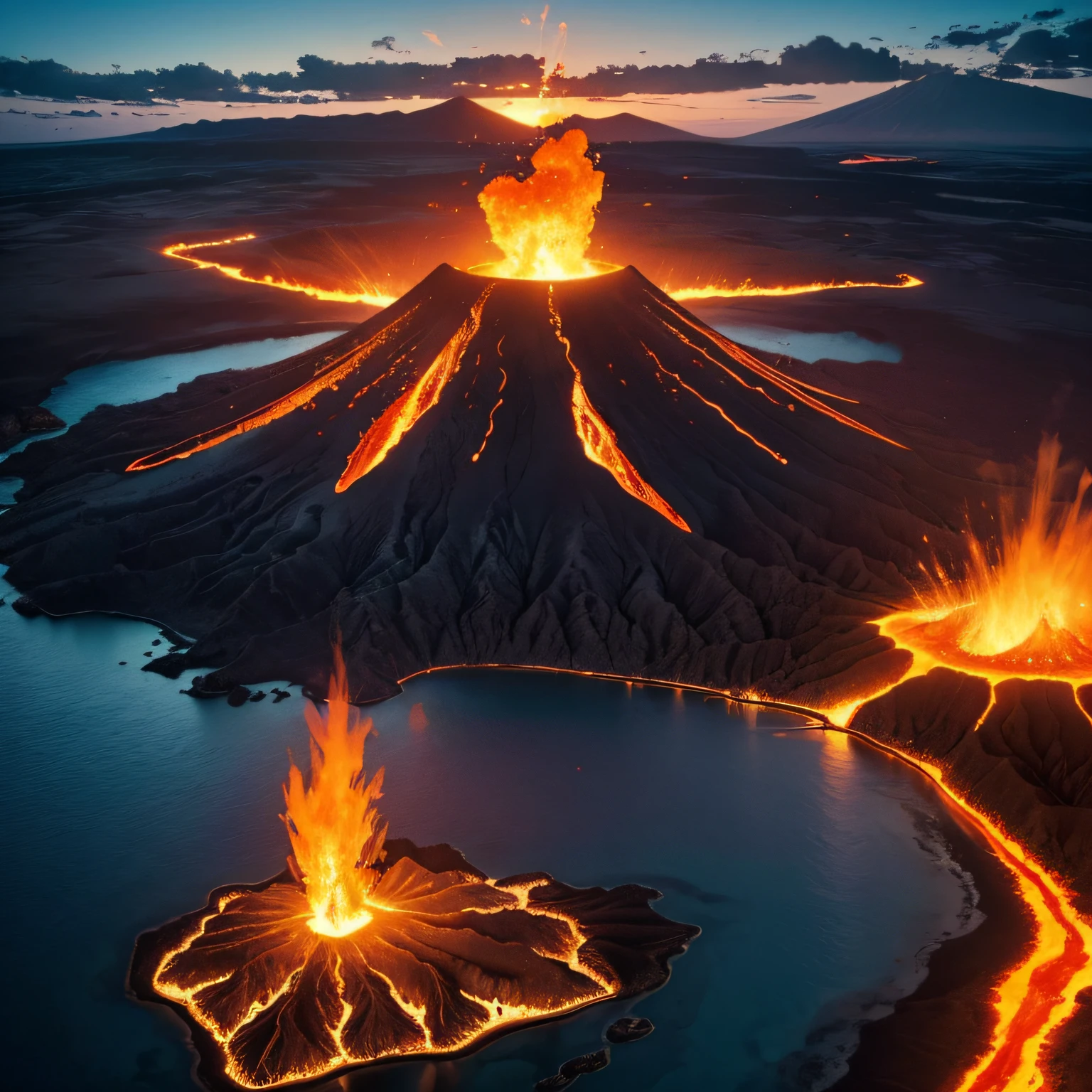 Desert Island, uninhabited island, Active volcano, A large amount of lava flows from a volcano and reaches the sea:1.5, emitting smoke, lava, nature, jungle, river, (Masterpiece), (ultra high detail), (Best Quality),