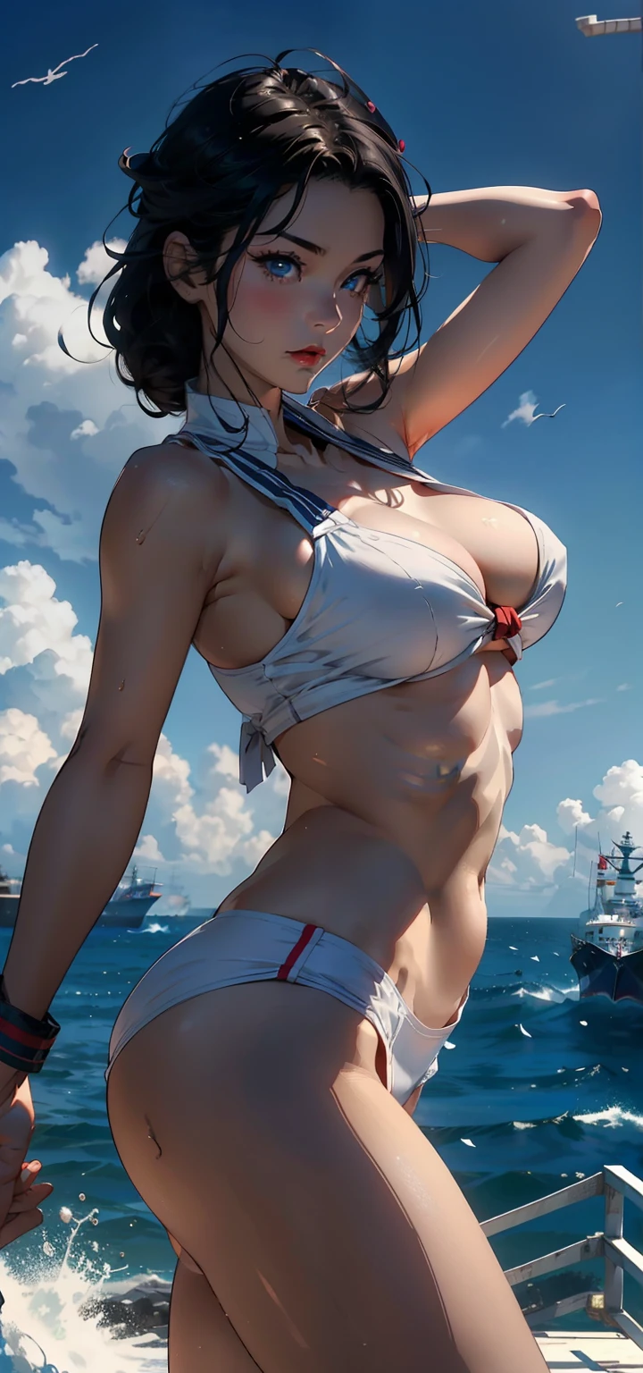 1female,43 yeas old,A MILF,熟妇,plumw,huge-breasted,Big breasts Thin waist,long leges, 独奏,(Background with:the sea,battleships,warships,at winter season,Blizzarding,Ship formation) She has very short black hair,bobo head,Stand on a warship,,seen from the front, hair straight, mostly cloudy sky,(((tmasterpiece),(Very detailed CG unity 8K wallpaper),best qualtiy,cinmatic lighting,detailed back ground,beatiful detailed eyes,Bright pupils,Blue eyes,(Very fine and beautiful),(Beautiful and detailed eye description),ultra - detailed,tmasterpiece,)),facing at camera,A high resolution,ultra - detailed),Snow-white skin,Redlip,revealing breasts,Bare genitalia, Bulge,legs are open,Raised sexy,Camel toes,Flushed complexion,Desire for dissatisfaction,frontage,Japanese Navy,elementary student,Sailor's cap(Wearing:sailor uniformm,Bare breasts)