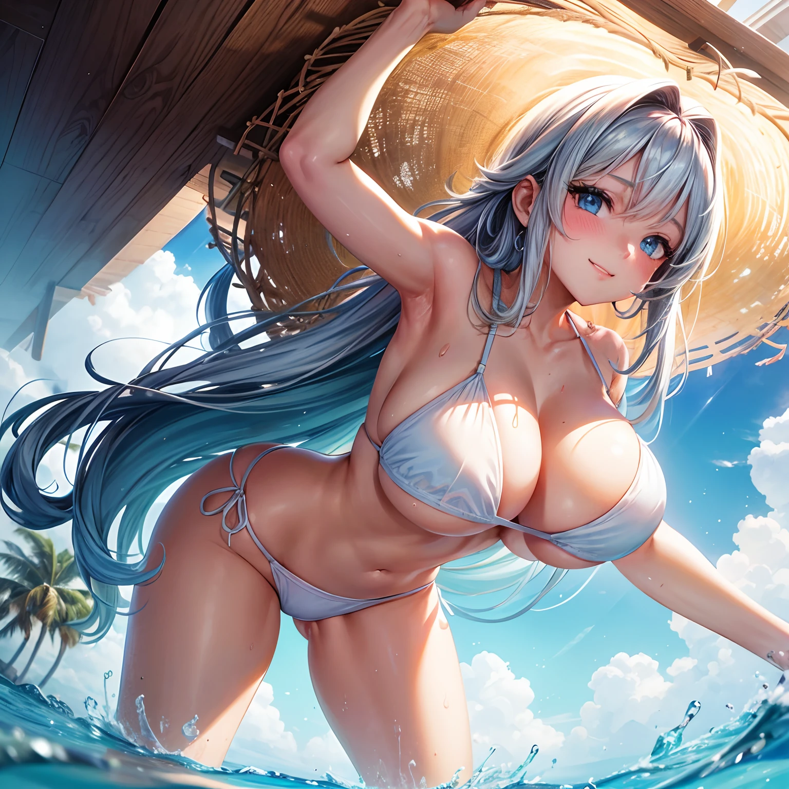 One girls, hot girl, nsfw, at the beach, clear view of the sky, laying down on a towel, view from below, beautiful eyes, sexy White bikini, full body, Beautiful body, big boobs, showing her boobs, boobs spread, thighs, legs spread, long hair, light smile, rougir, blushing from the ear, surrealism, High detail, moderne, Style anime, dans une vue panoramique,  reflection light, 8k, super detail, High Details, Best quality, anatomiquement correct, Masterpiece, textured skin