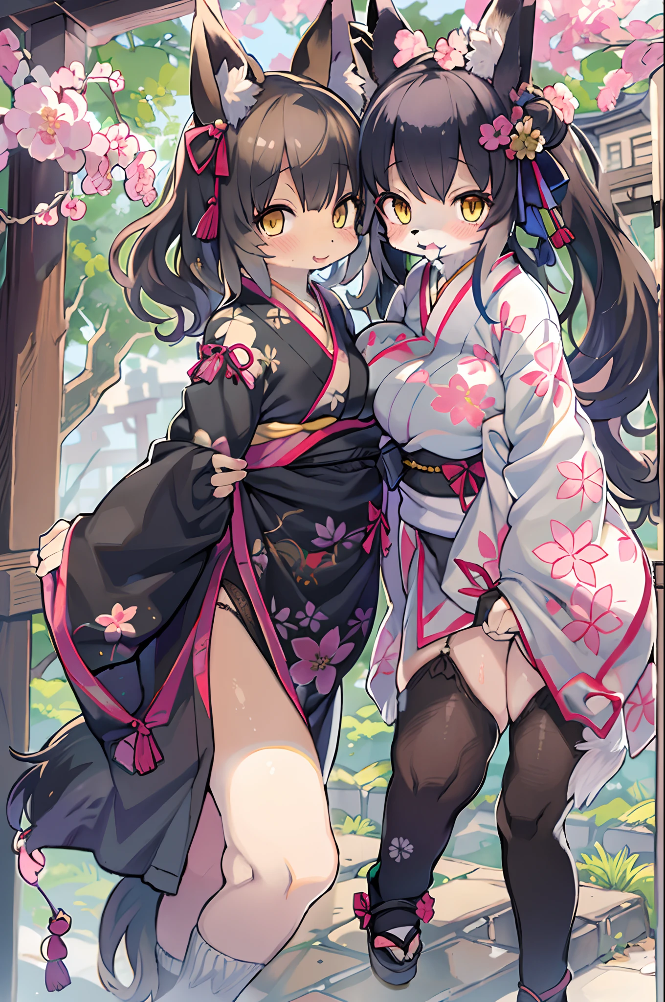 nsfw, (((touch pussy))), ((pussy juice)), (grabbing own breasts((carefully))), lesbian, yuri, kiss, , (((flat chest))), whole body, full body view, cat ears girl, wearing traditional japanese costumes, girl has flat chest and black hair, black high socks, the background is set on a moonlit night with cherry blossoms blooming, cherry blossom petals are falling, the full moon shines brightly, Images should be of the highest quality, It has high-resolution and ultra-detailed features, must be realistic and photorealistic style, vibrant colors and bokeh, lighting should emphasize the beauty of the scene, create an enchanting atmosphere