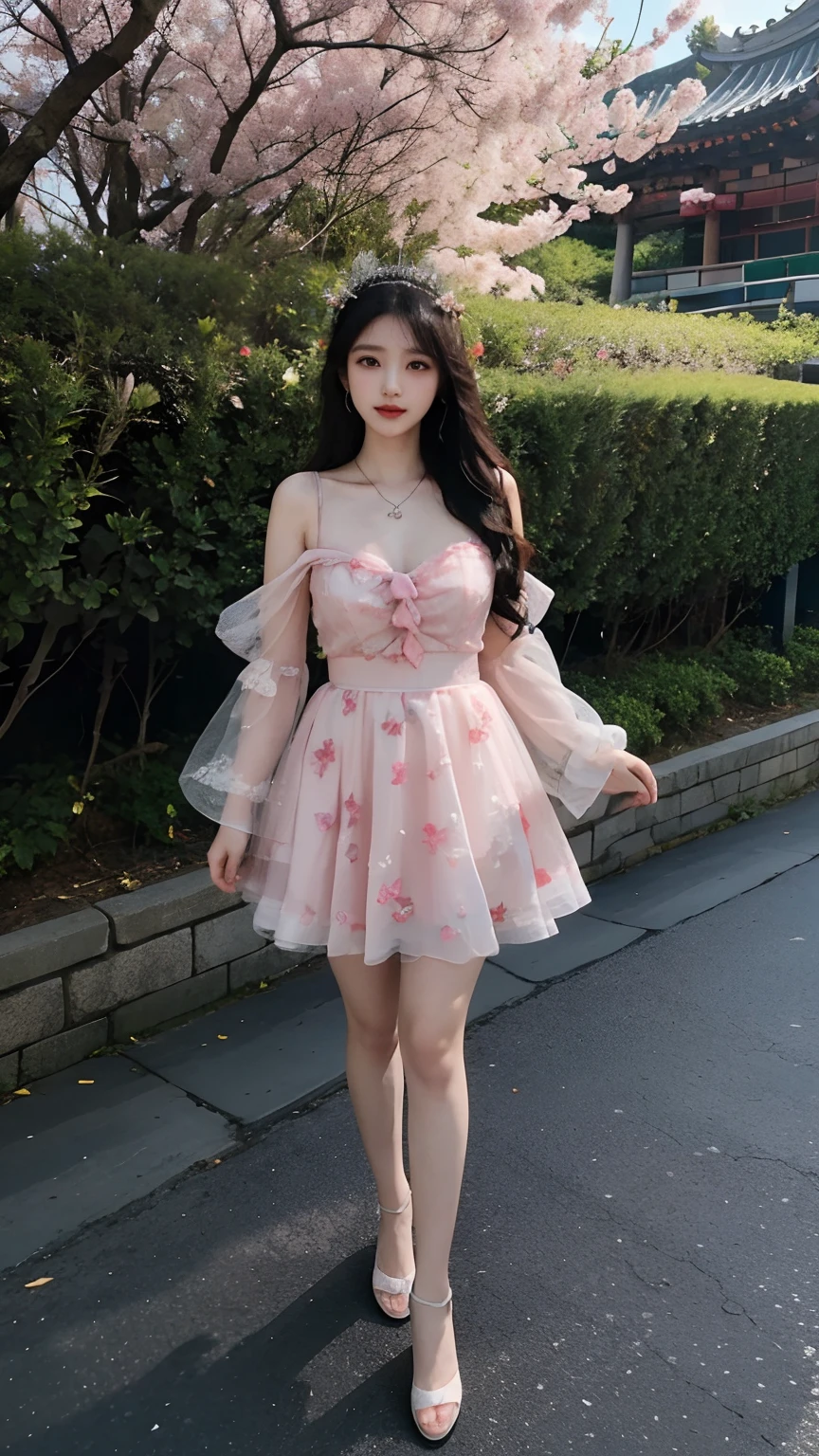 The beauty of Korea,Zheng Yuna,full body shot shot,Top-notch figure,Black hair, Butterfly headdress, Blush, From above, Ultra-wide angle, kanon, 8K, Super detail