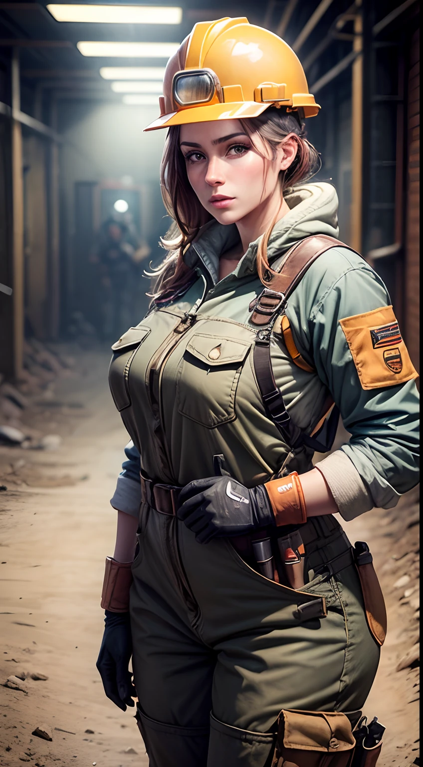 photo realistic, 1 beautiful lady wearing miner worker costume, full-body coveralls made from heavy-duty fabric, hard hat, mining helmet with headlamp, safety glasses, respirator mask,tool belt, safety vest, work boots, kneel pad, backlight, 8k, masterpiece, intricately detailed