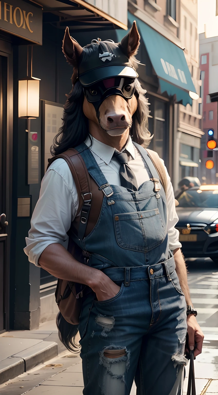 A cute anthropomorphic horse,(There are horse heads:1.2),(The face is a horse face),Wearing a vest,Suspender jeans,White sneakers,baseball cap,Wearing sunglasses,City streets,(depth of fields),(Movie lighting),(light and shadow effect),(Unreal 5),(tmasterpiece),(8k wallpaper),photorealestic,realisticlying