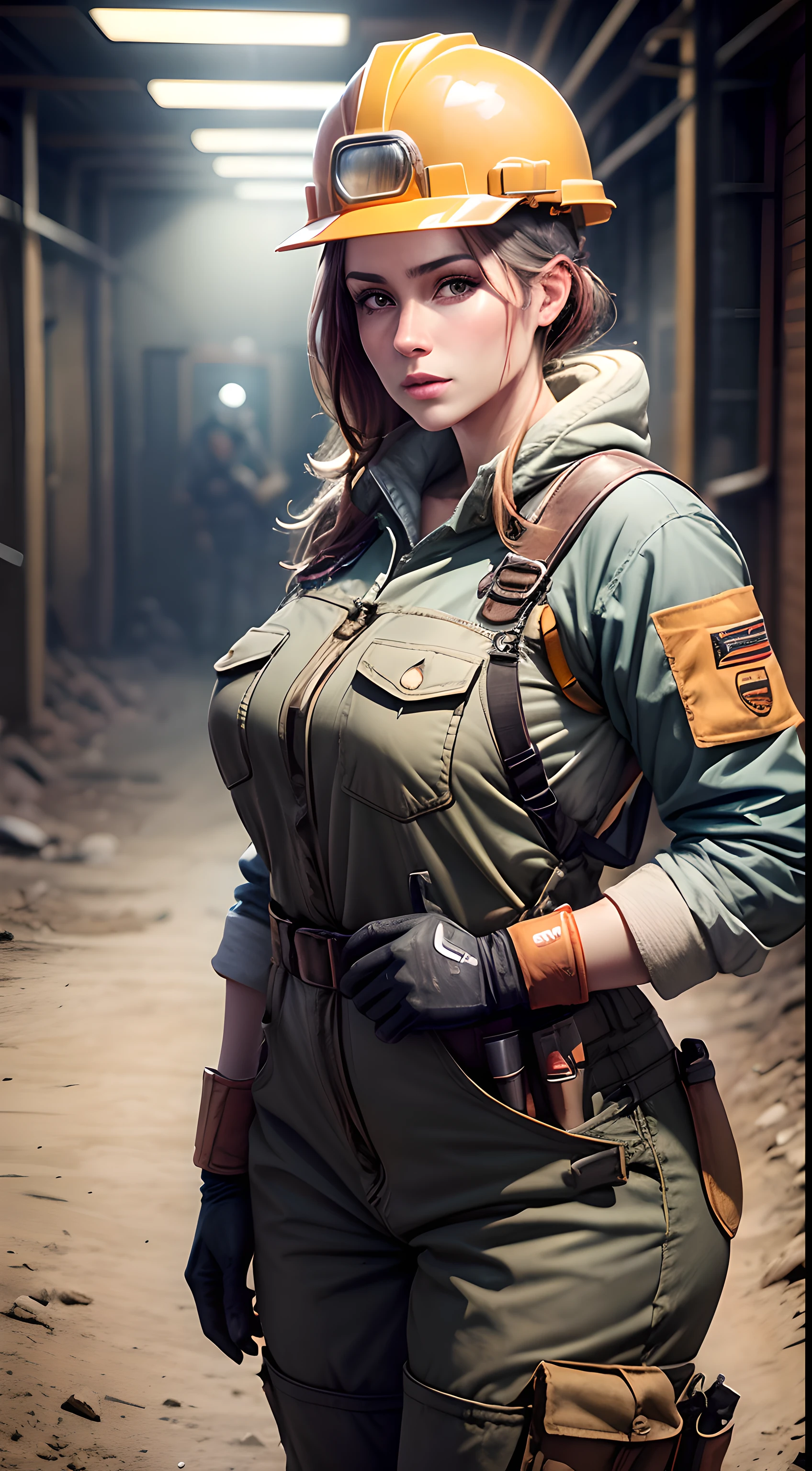 photo realistic, 1 beautiful lady wearing miner worker costume, full-body coveralls made from heavy-duty fabric, hard hat, mining helmet with headlamp, safety glasses, respirator mask,tool belt, safety vest, work boots, kneel pad, backlight, 8k, masterpiece, intricately detailed