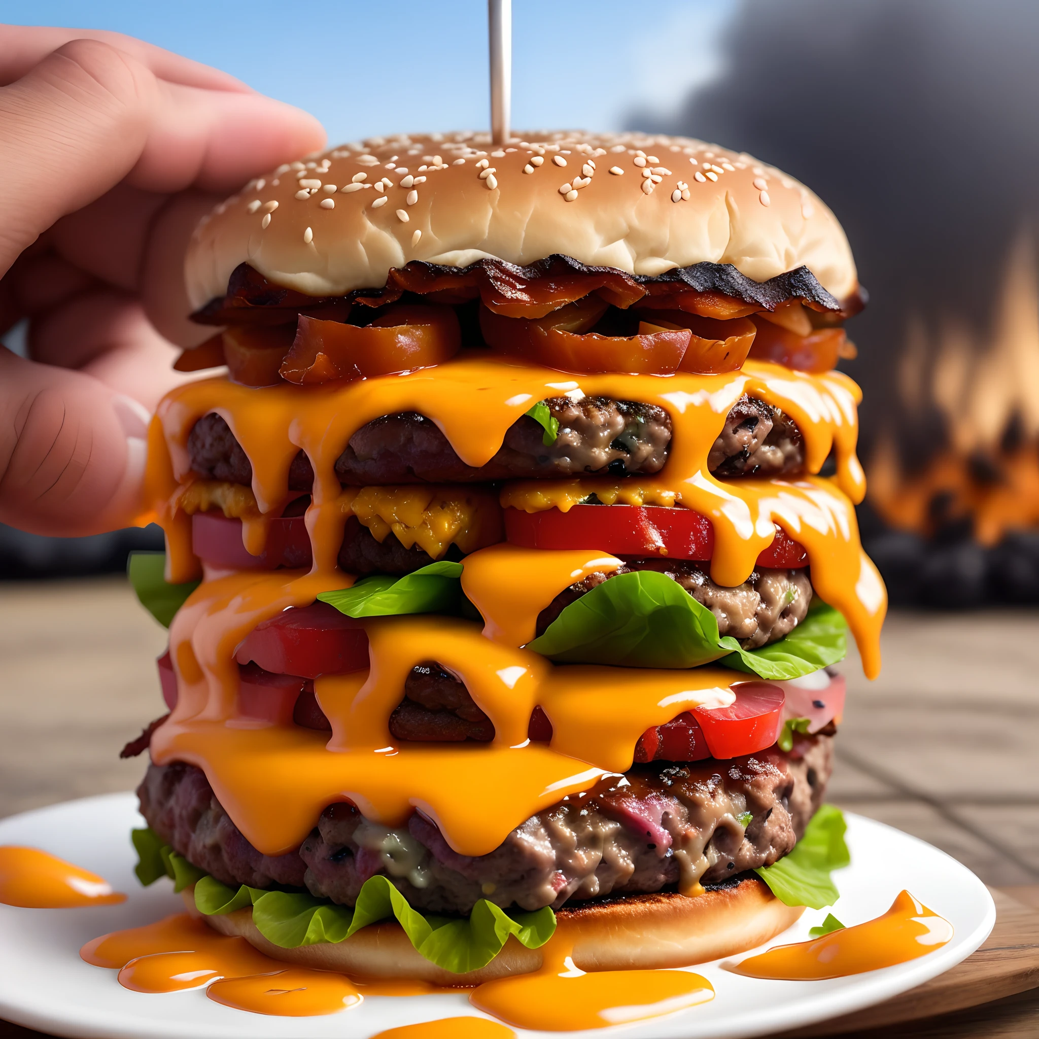 Tex-Mex burger with lots of melted cheese dripping with caramelized bacon Burger King style ad photo op with the background of a fire pin