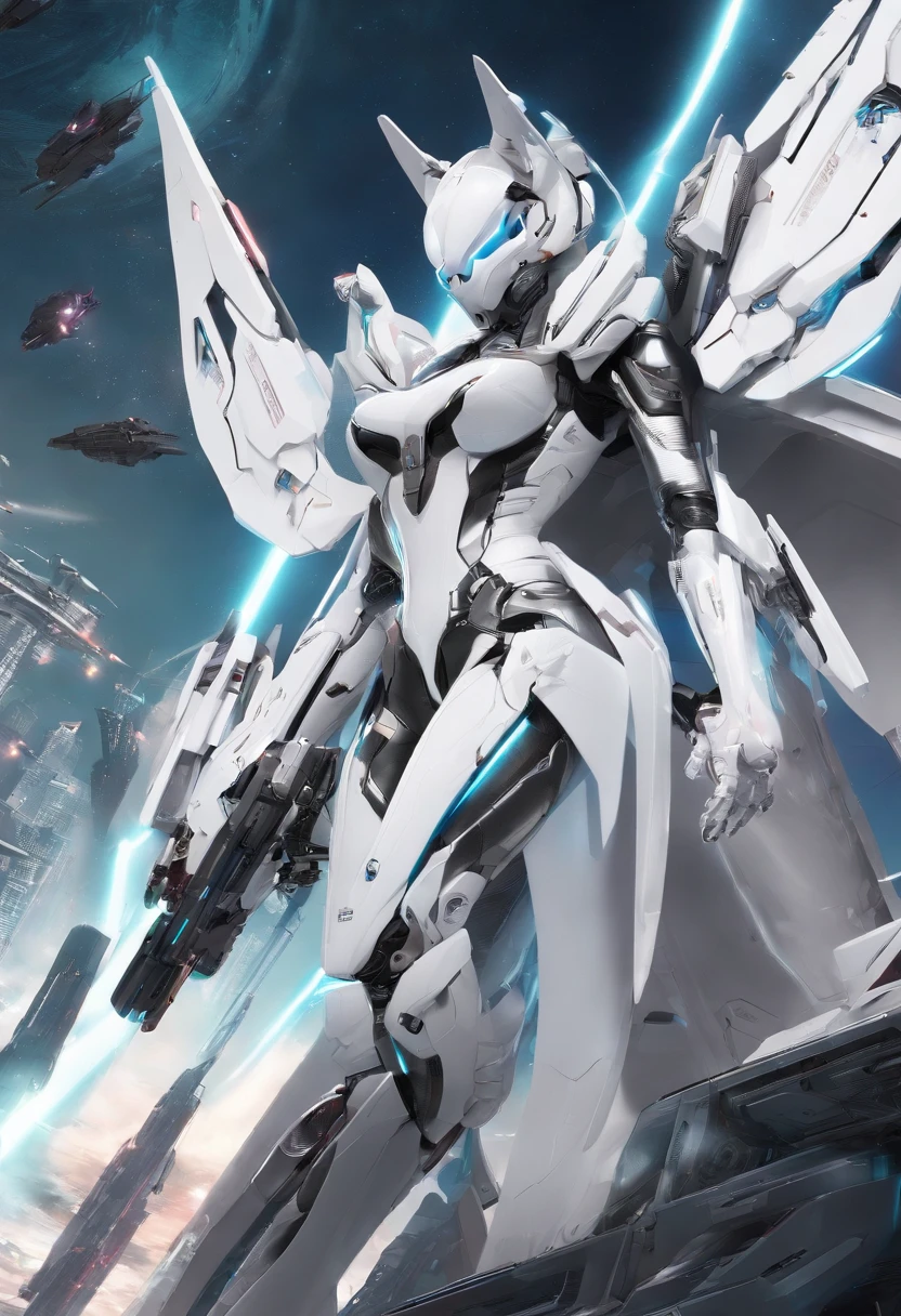 full body shot, hyper realistic, white celestial catwoman mecha bot, wearing minimalist angular mecha gundam mask, wearing cybernetic techwear cloak, with gigantic mechanical Additional Booster wings, sleek design, dark fantasy, futuristic environment, heroic pose, --niji 5
