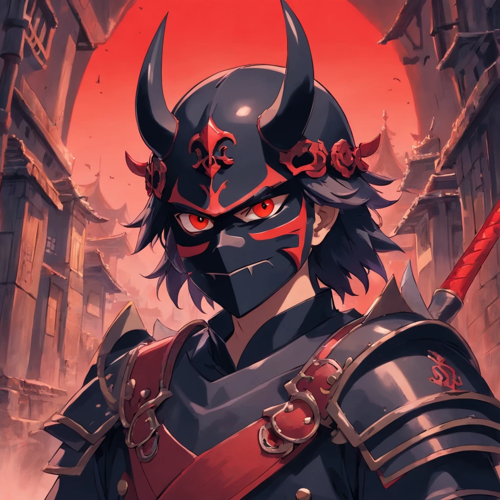 1boy, Cap noir et rouge, Masque ONI, cheveux noirs, yeux rouges, 8k, war, armure de chevalier noir et rouge,