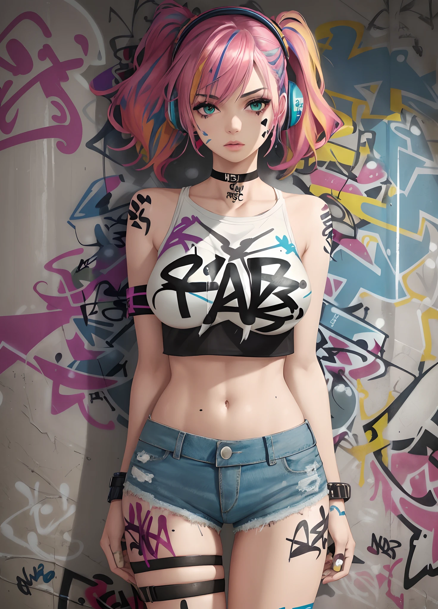 masterpiece, best quality, Beautiful female, mature face:1.4), 1woman, solo, crop top, denim shorts, choker, (graffiti:1.5), paint splatter, arms behind back, against wall, looking at viewer, armband, thigh strap, paint on body, head tilt, bored, multicolored hair, aqua eyes, headset,