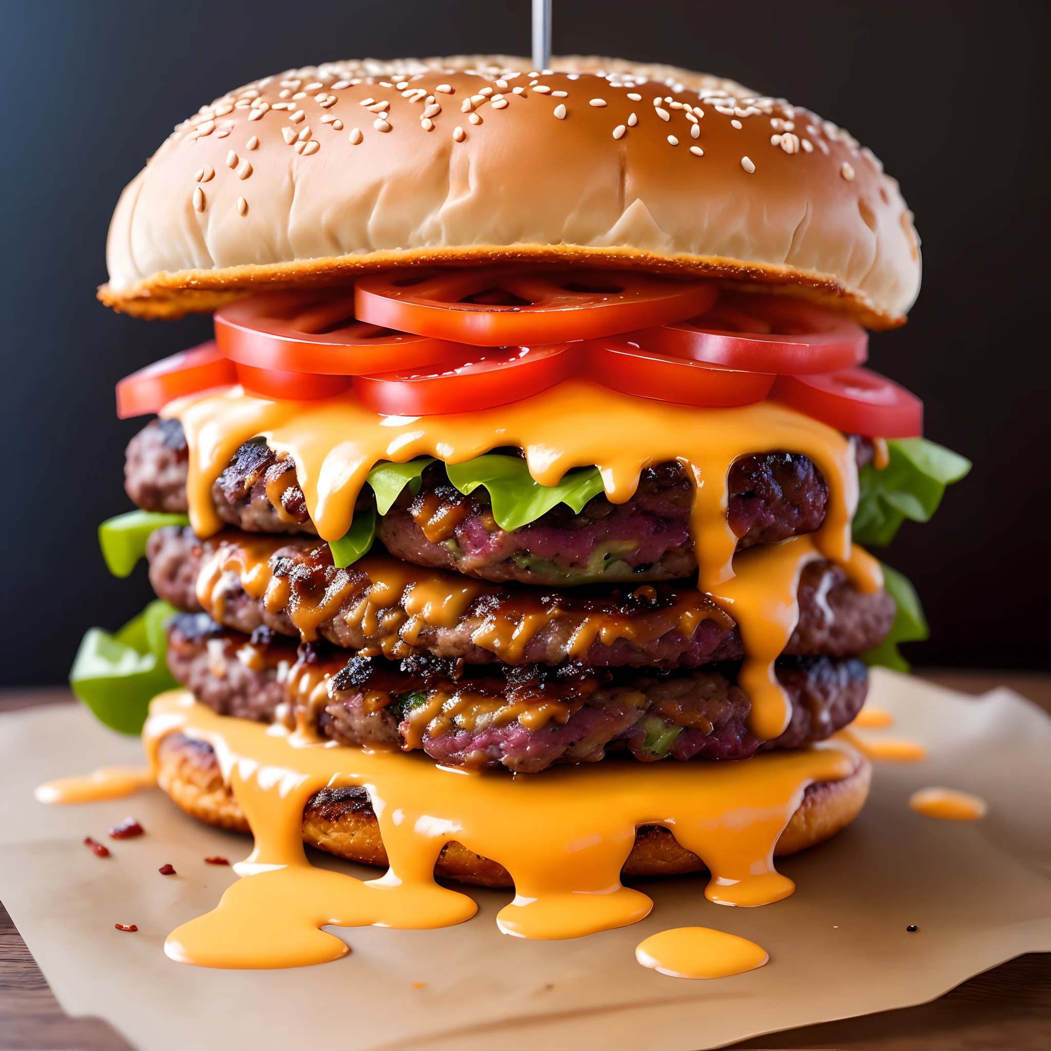Tex-Mex burger with lots of melted cheese dripping with caramelized bacon Burger King style ad photo op with the background of a fire pin