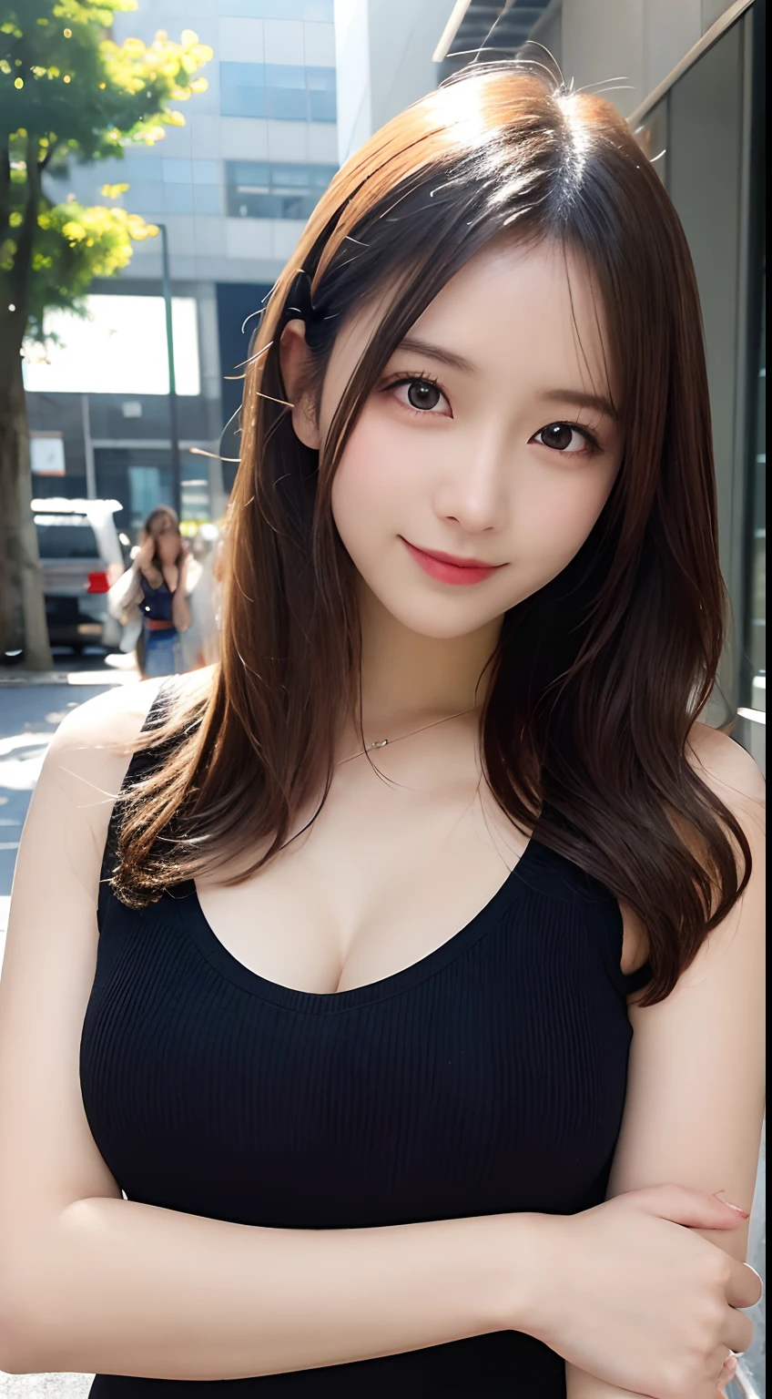 masutepiece, Best Quality, Illustration, Ultra-detailed, finely detail, hight resolution, 8K Wallpaper, Perfect dynamic composition, Beautiful detailed eyes, Women's Fashion Summer,Ponytail Hair,mid-chest, Natural Color Lip, Bold sexy poses,Smile,Harajuku、20 years girl、Cute、Sexy shot looking at camera, middle Breasts,