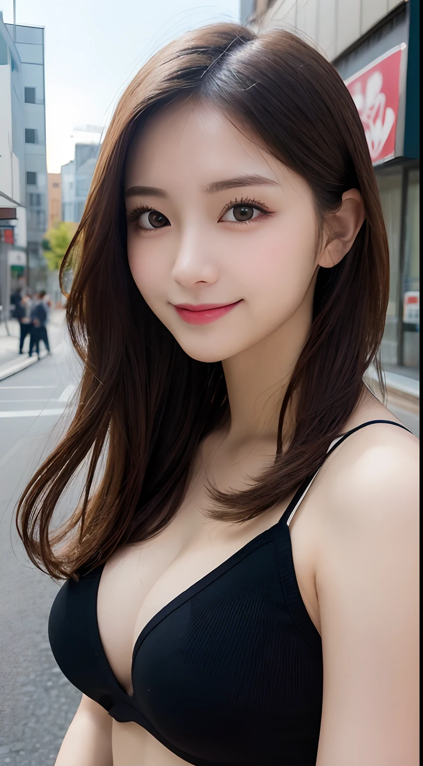 masutepiece, Best Quality, Illustration, Ultra-detailed, finely detail, hight resolution, 8K Wallpaper, Perfect dynamic composition, Beautiful detailed eyes, doress,Medium Hair, Big breasts, Natural Color Lip, Random and sexy poses,Smile,Aoyama Street Walk、A 24-year-old girl