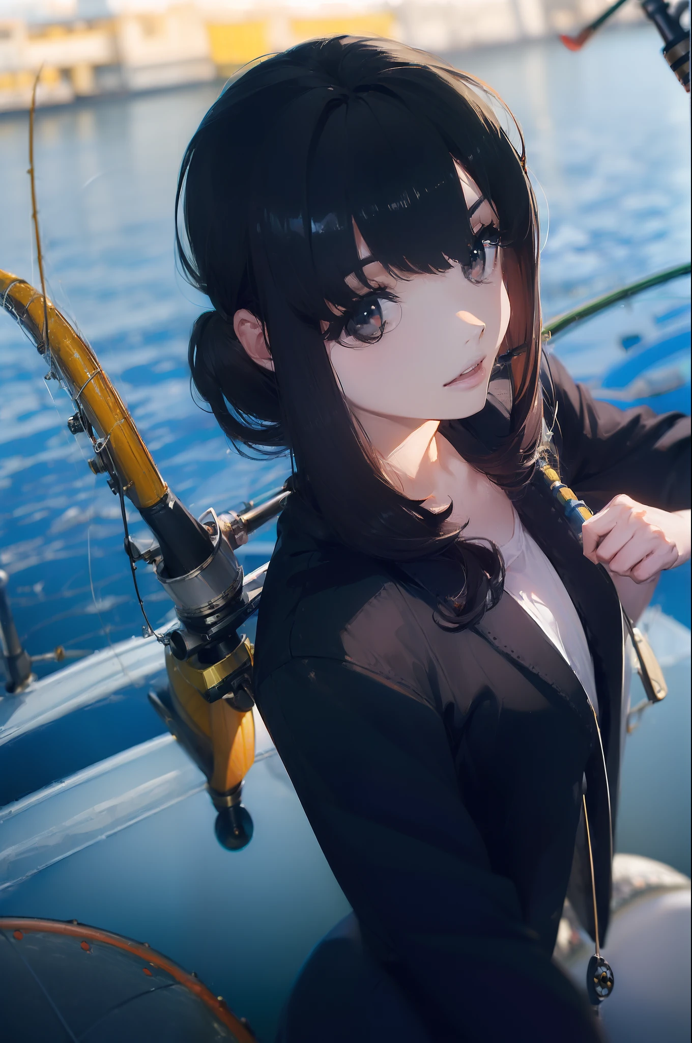 ((((Have fishing rod with a reel:1.5)))),((Female 28 years old)),((Best Quality:1.5)),(((Hands with the correct number and structure of fingers:1.4))),((lakeside:1.37)),hight resolution,ultra-detailliert,​masterpiece,best qualtiy,(Eight-headed body),Black hair, long eyeslashes, Solid Circle Eyes, drop shadow, Atmospheric perspective,Super Detail, ccurate, small brest,(Black jacket and black jeans :1.1),top-quality, blurry backround, bokeh dof:1.2, (​masterpiece:1.3),  Atmospheric perspective,Super Detail,dynamic compositions, Ultra High Quality,