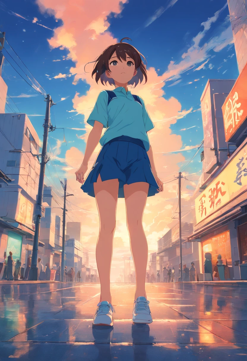 tmasterpiece，4k，melhor qualidade，Skysky，Baiyun，Menina na laranja，Pupilas azuis，look up to the sky, standing on her feet, corpo todo, corpo inteiro