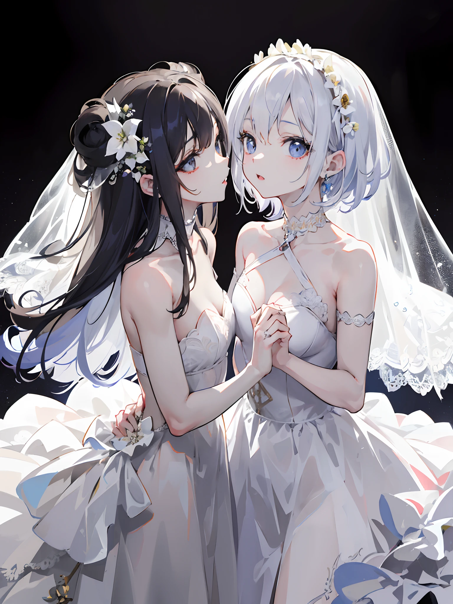 (masuter piece,Best Quality,Ultra-detailed),(absurderes),2girls,lilie,Two women in wedding dresses, Staring at each other, bride, Pale kiss,It's pure,flat-chest,pure love,Junshin,bride