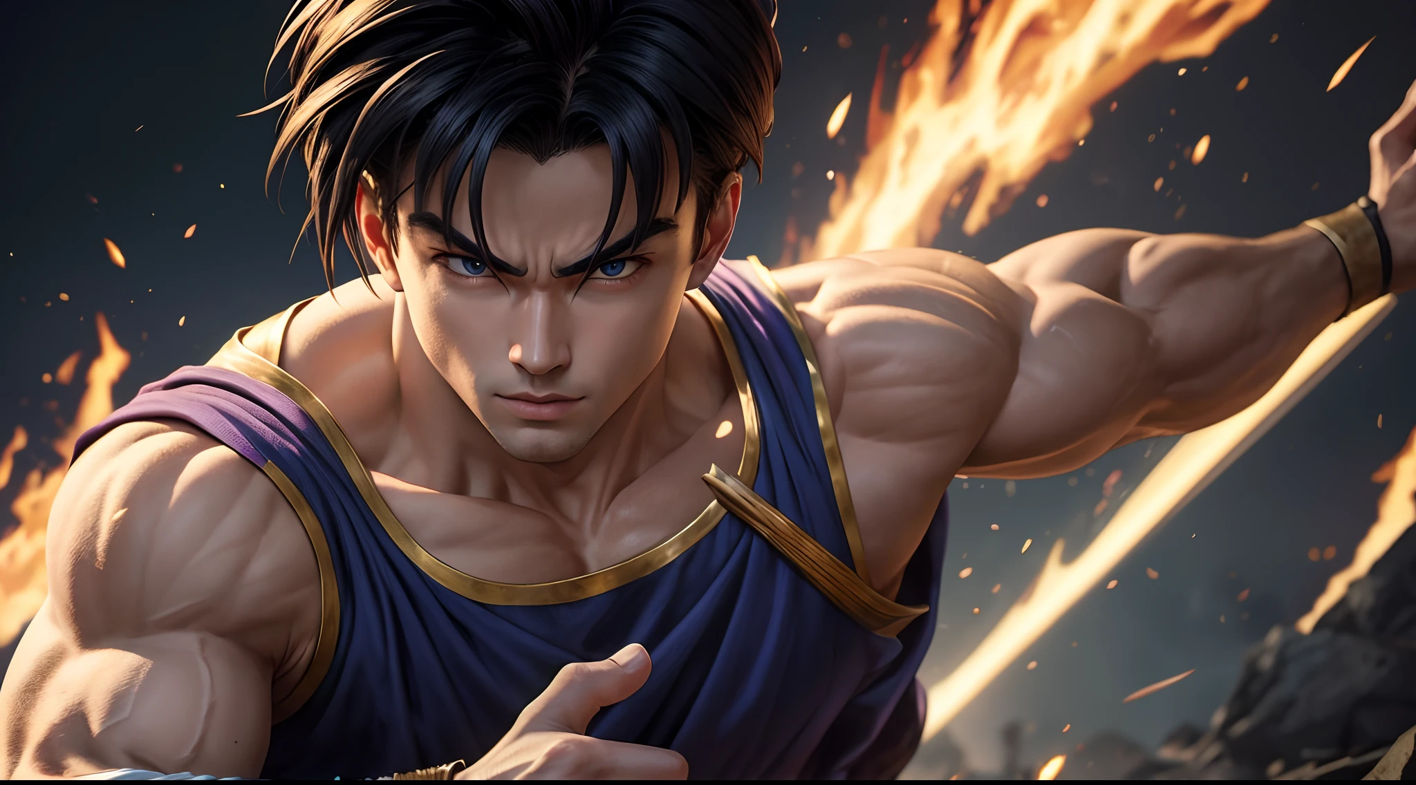 "(colorful picture 2.3) 20 year old Gohan is a true masterpiece with masculine beauty, perfect anatomy, perfect body, beautiful attractive eyes facing the viewer, you can clearly see every detail. every little detail and every detail, perfect lines, every little detail on the costume in 8K quality, people are attracted by the confidence radiating from every look, the face is drawn in great detail in high quality the 8K image quality, the battle in the background, which further boosted his confidence.”